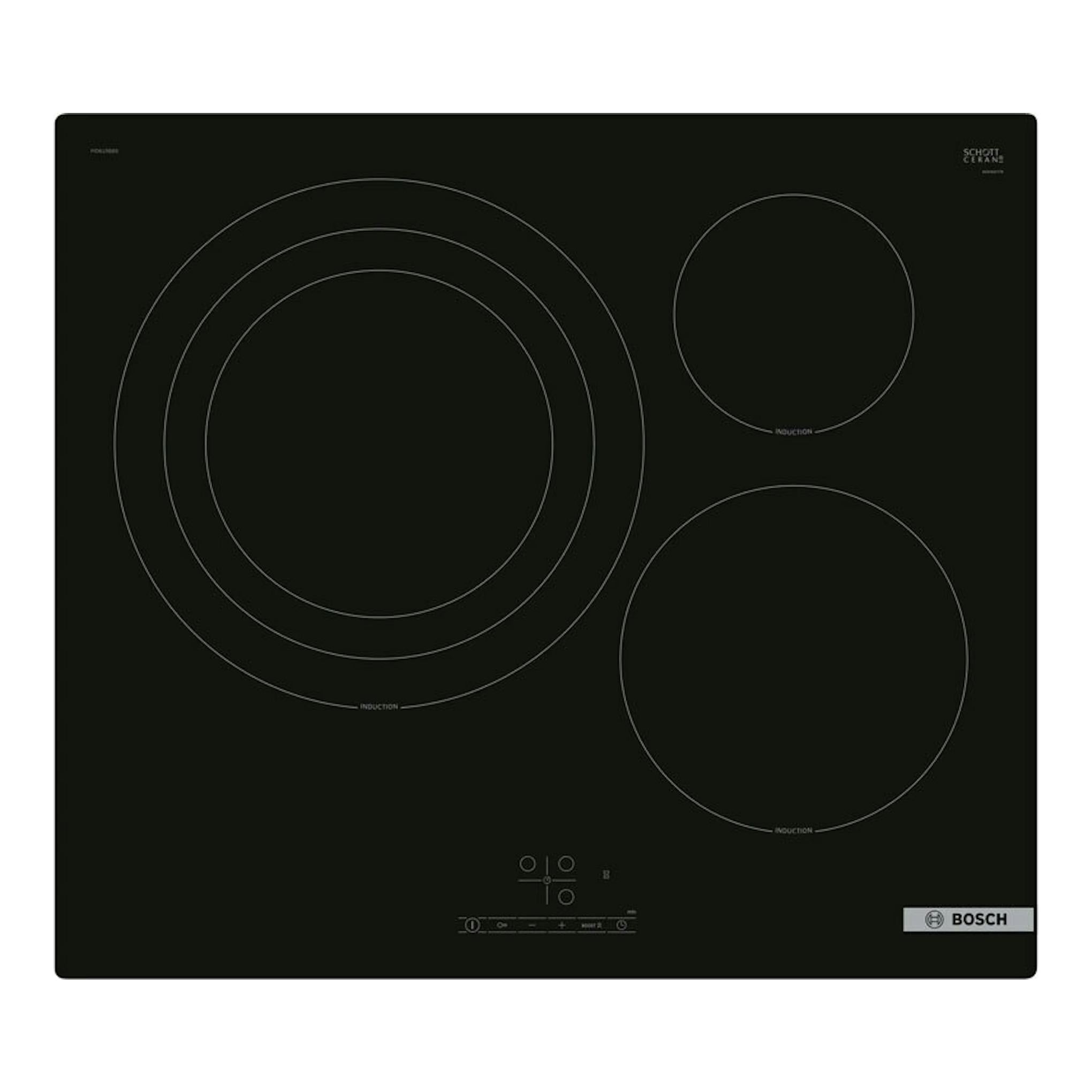 Placa de inducción Bosch PID61RBB5E negra, vista superior, con cuatro zonas circulares de cocción.