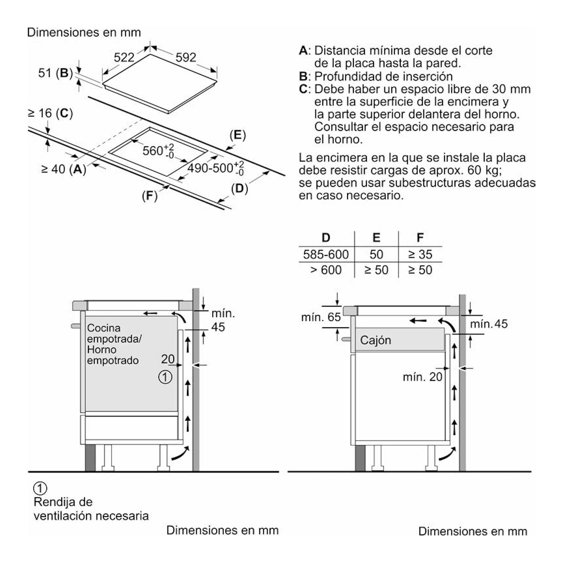 Bosch PID61RBB5E: esquema técnico de placa de inducción negra de 60 cm con medidas de instalación.