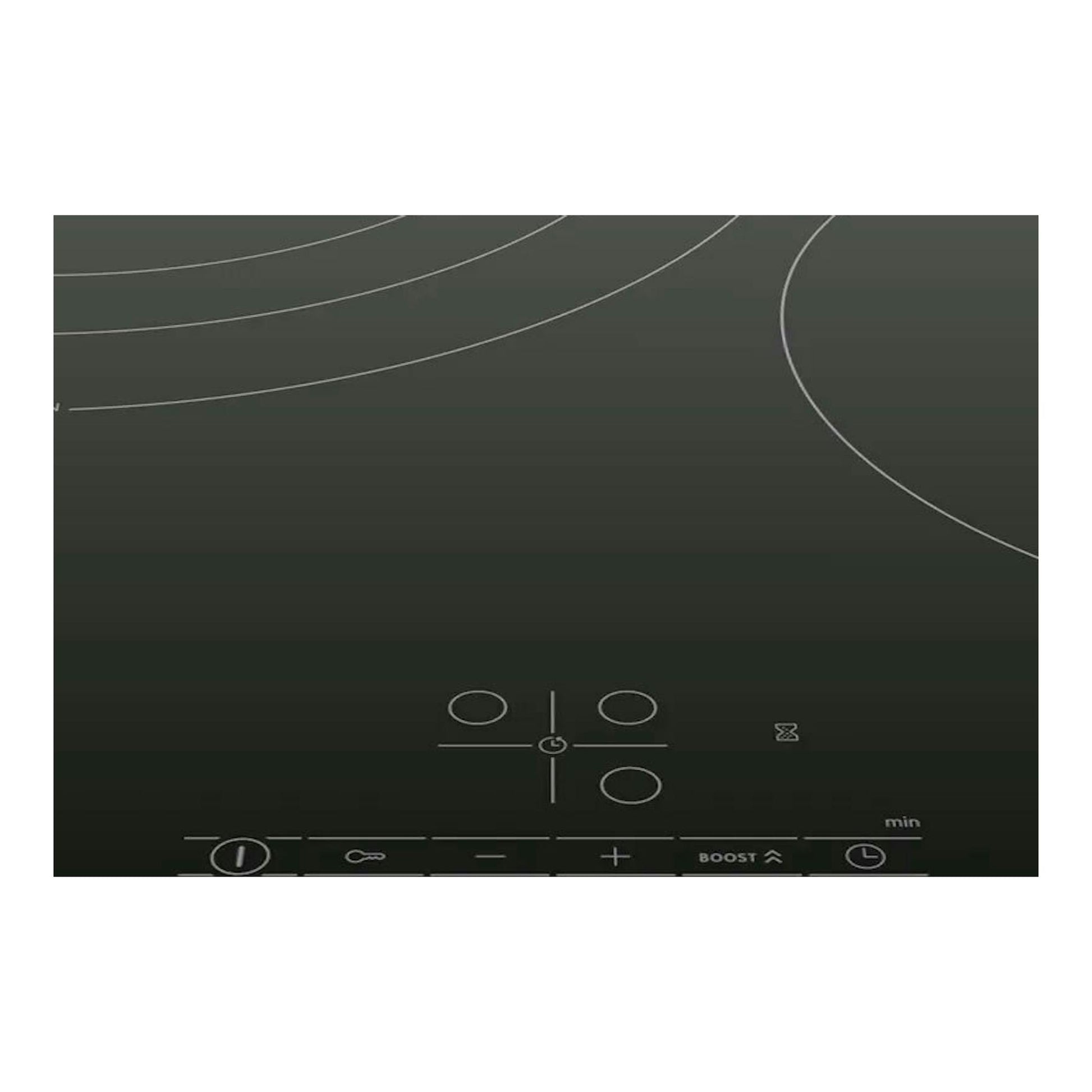 Placa de inducción Bosch PID61RBB5E negra, vista superior, con mandos táctiles y zonas circulares.
