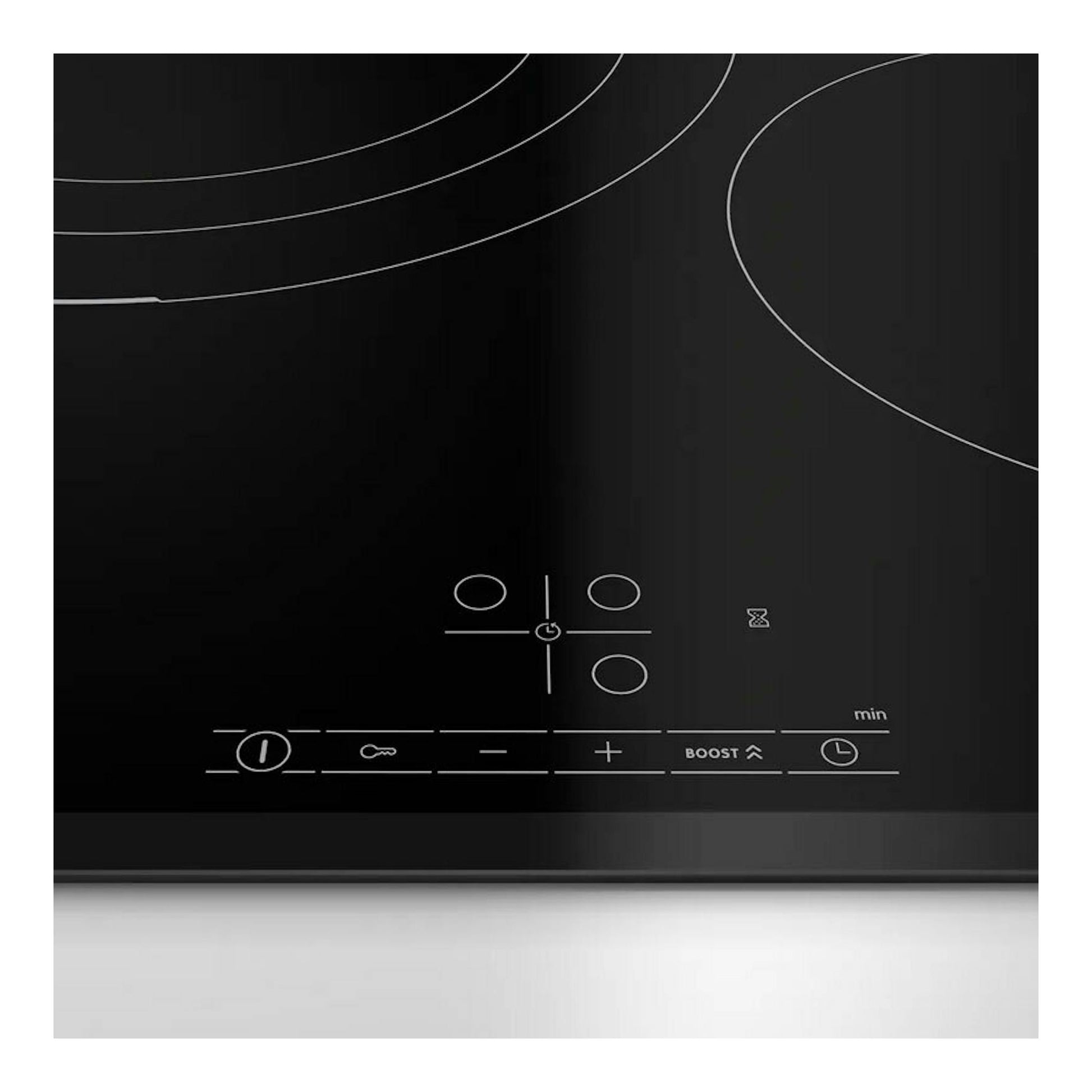 Placa de inducción Bosch PID631BB5E negra, vista frontal parcial con controles táctiles y zonas de cocción.