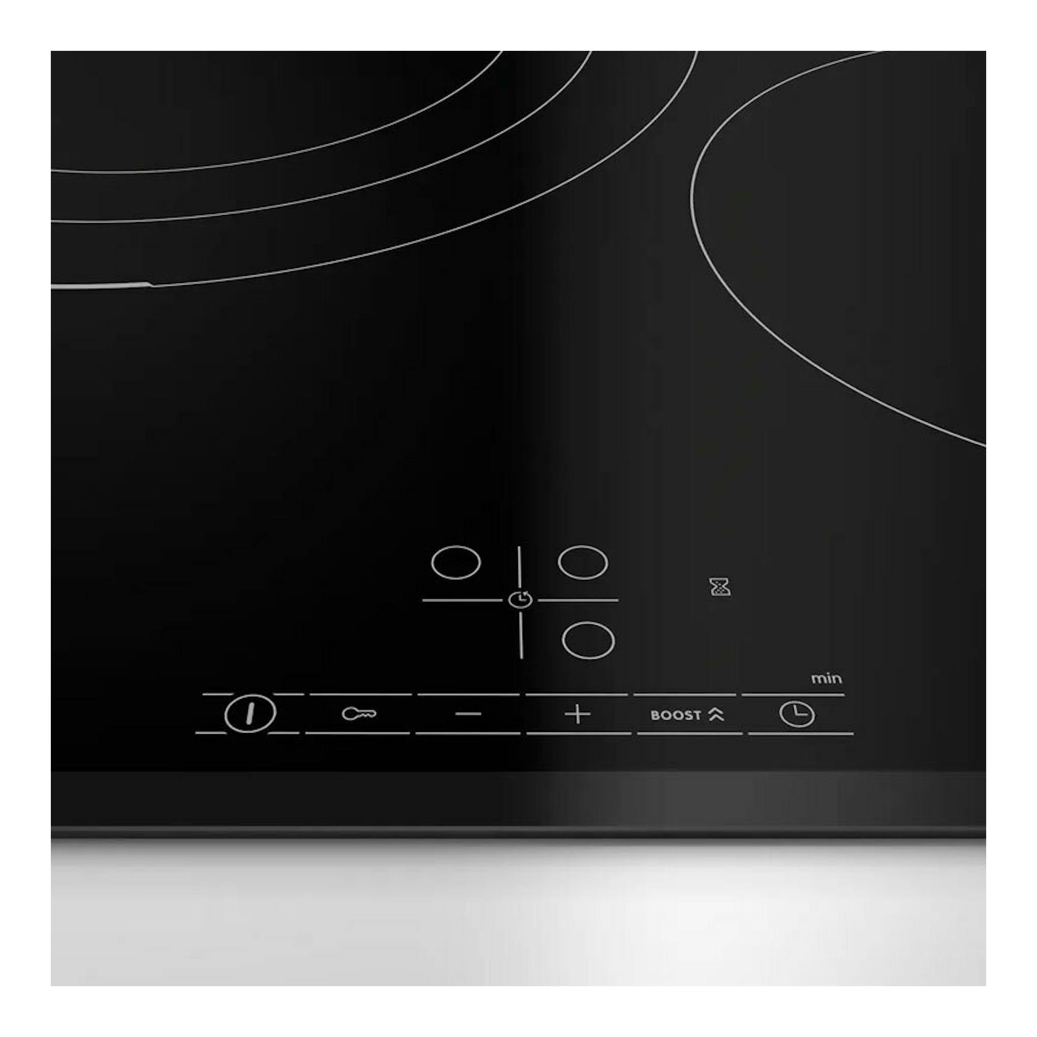 Placa de inducción Bosch PID631BB5E negra, vista frontal parcial con controles táctiles y zonas de cocción.