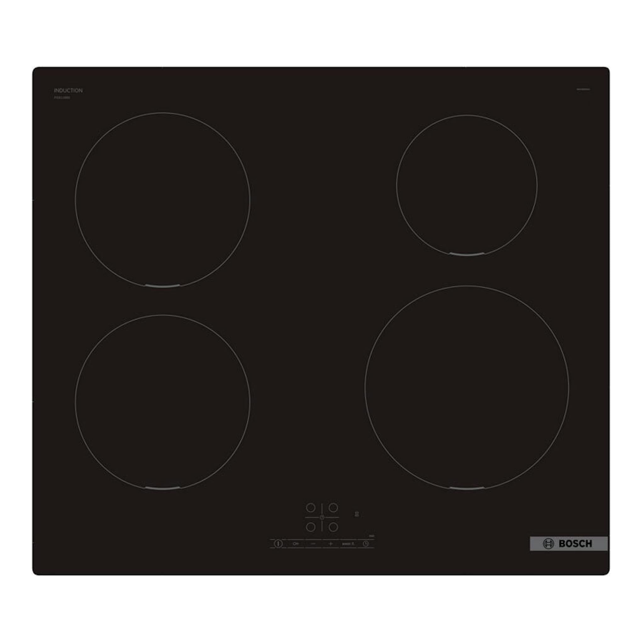 Placa de inducción Bosch PIE611BB5E negra, vista frontal superior, con cuatro zonas de cocción circulares.