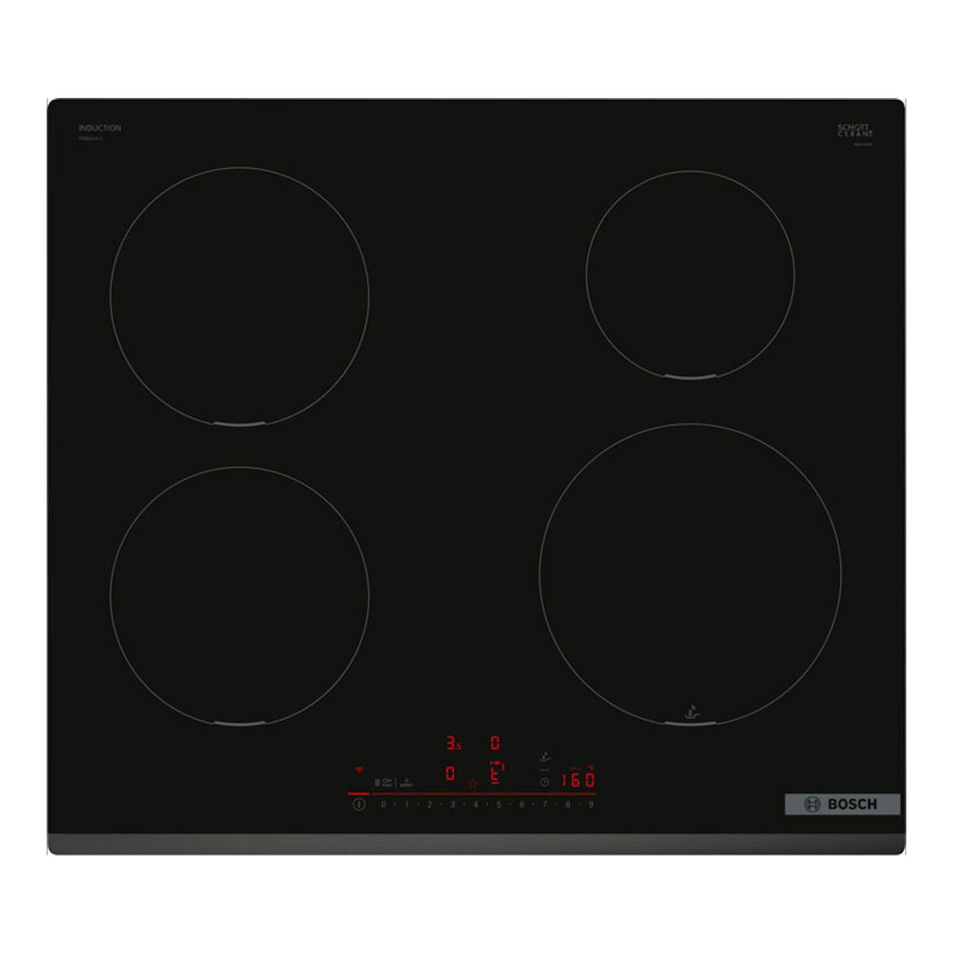 Placa de inducción Bosch PIE631HC1E negra, vista frontal, con cuatro zonas circulares y panel táctil iluminado.