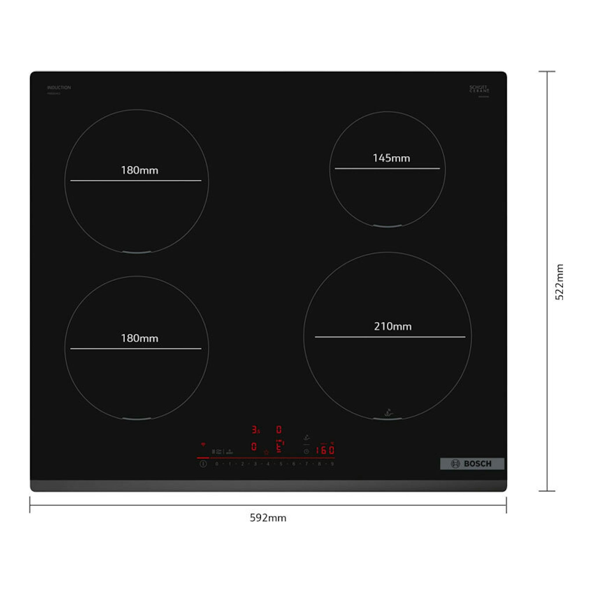 Placa de inducción Bosch PIE631HC1E negra, vista superior, 4 zonas, 60 cm