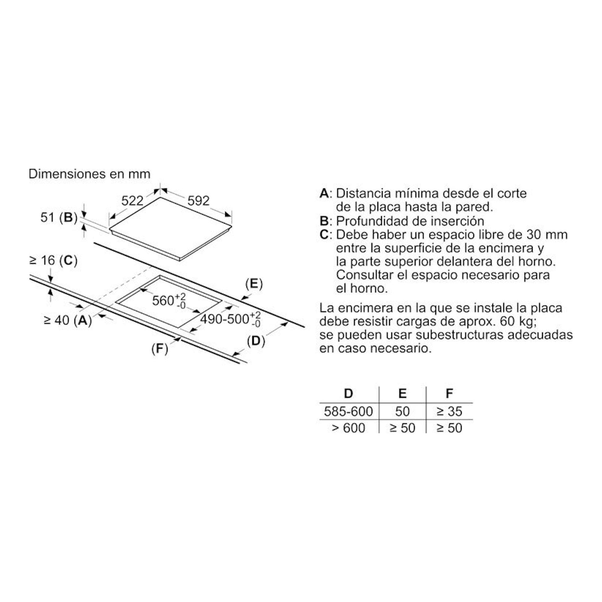 Bosch PIF612BB1E: esquema en blanco y negro de instalación con medidas de encastre de placa de inducción.