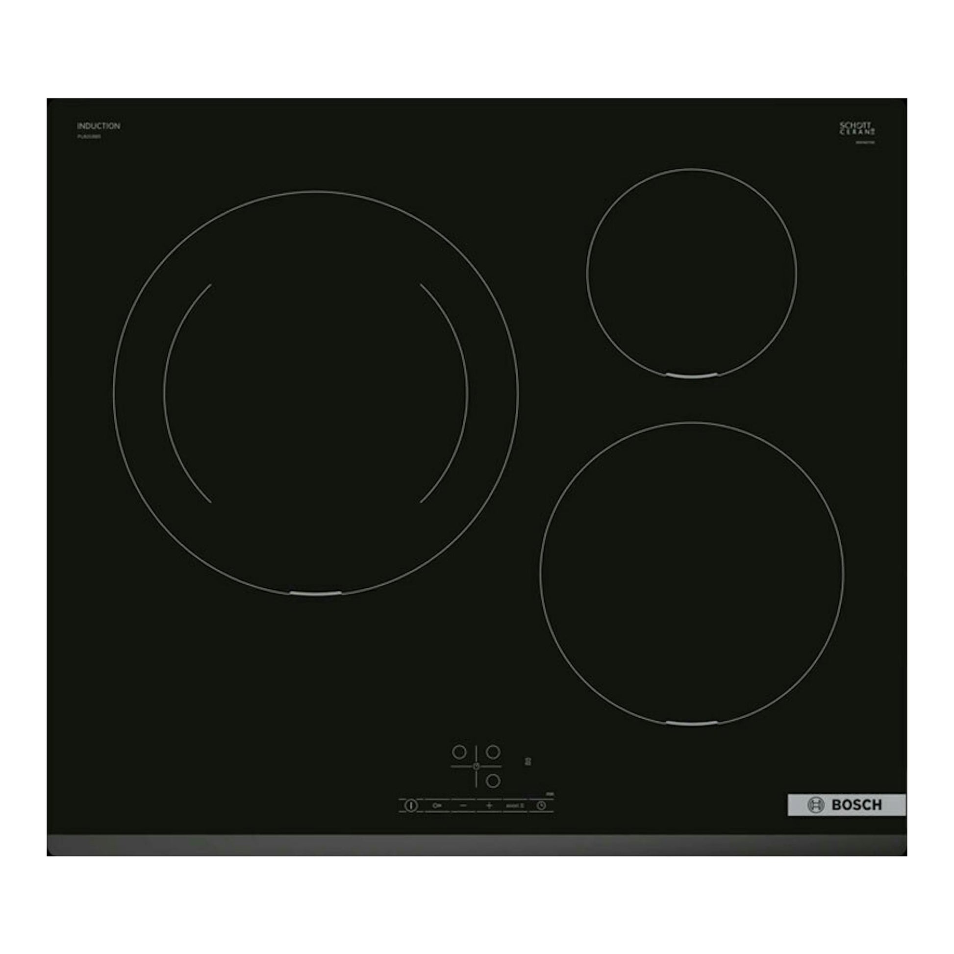 Placa de inducción Bosch PIJ631BB5E negra, vista superior, con tres zonas de cocción circulares.