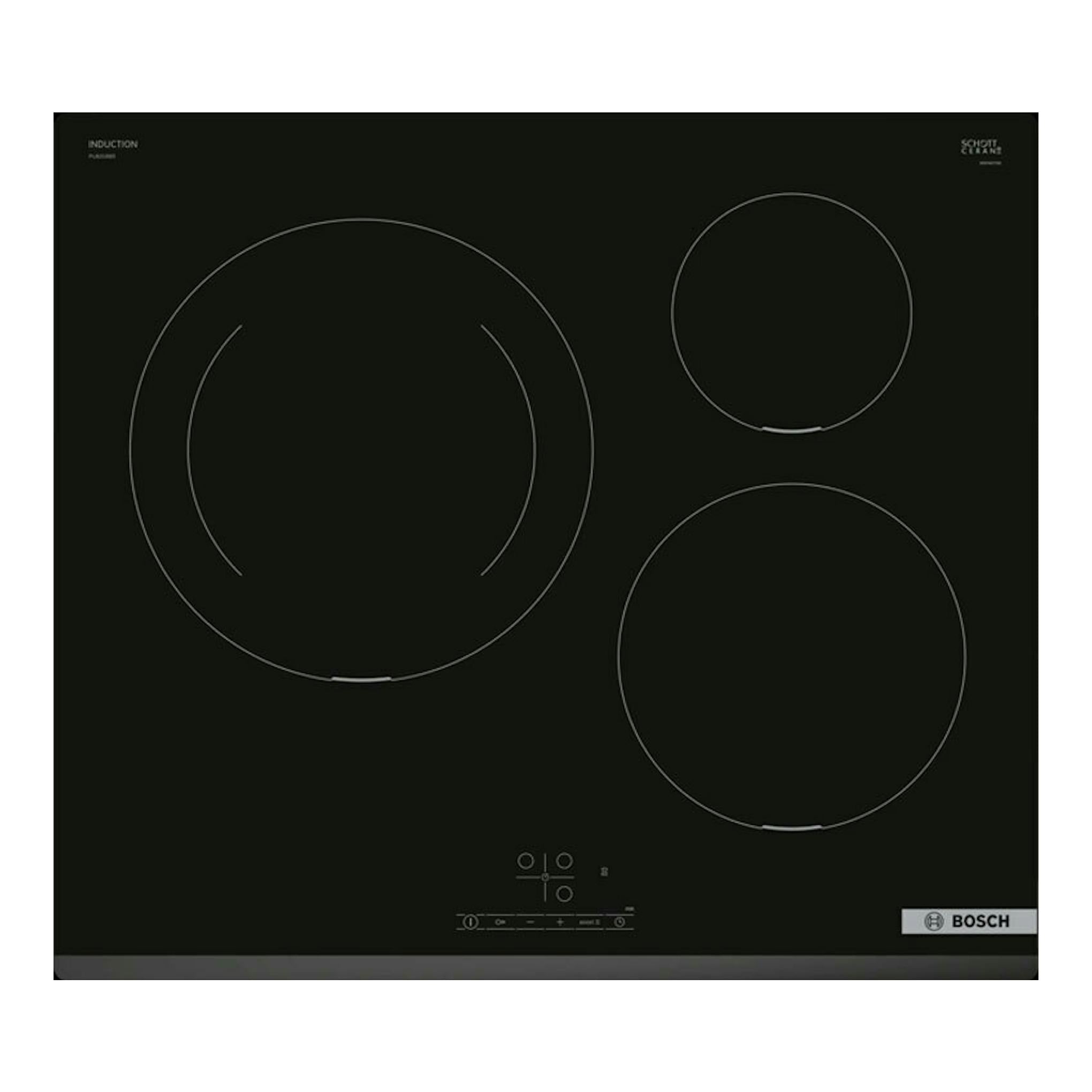 Placa de inducción Bosch PIJ631BB5E negra, vista superior, con tres zonas de cocción circulares.