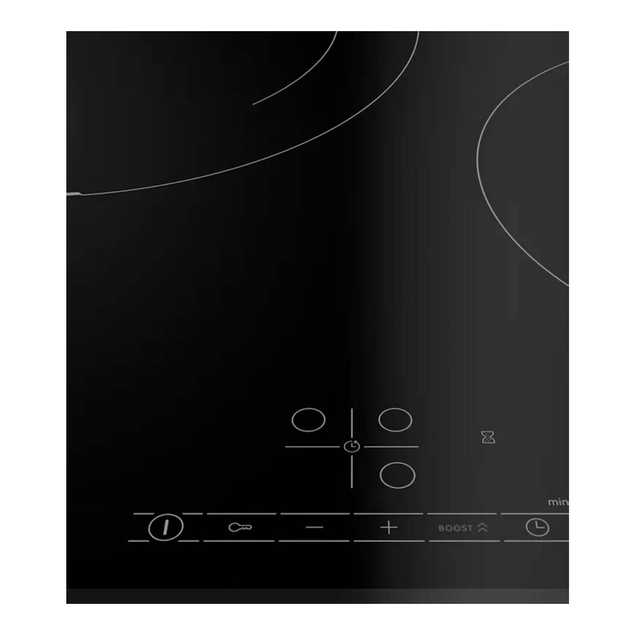 Placa de inducción Bosch PIJ631BB5E negra, vista frontal parcial con mandos táctiles y zonas circulares.