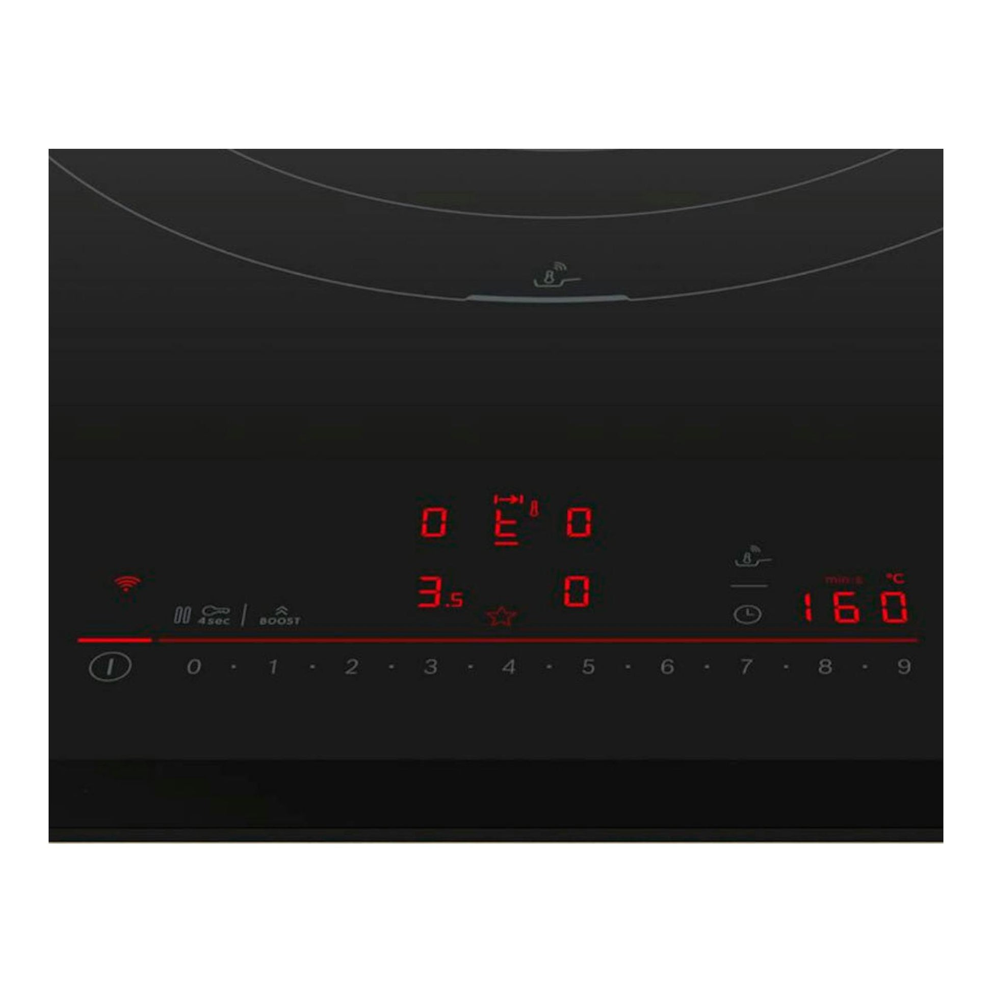 Placa de inducción Bosch PIV931HC1E negra, vista superior parcial, con panel táctil y display rojo.