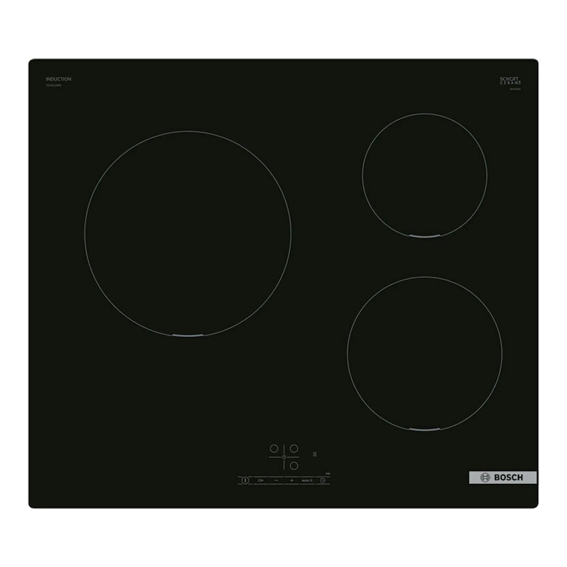 Placa de inducción Bosch PUC611BB5E, negra, vista frontal con tres zonas de cocción.
