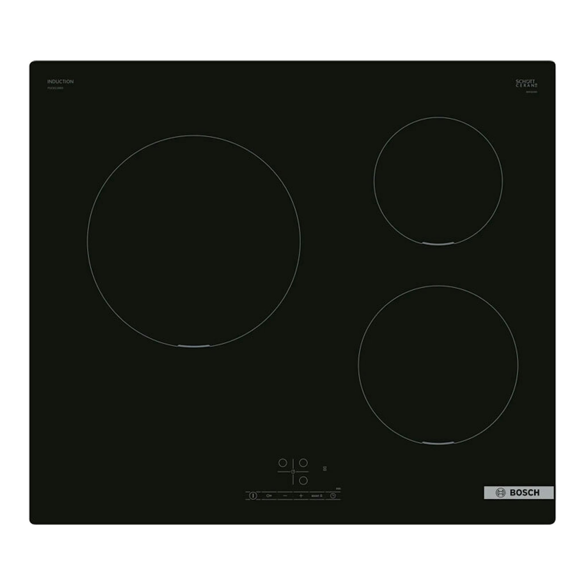 Placa de inducción Bosch PUC611BB5E, negra, vista frontal con tres zonas de cocción.