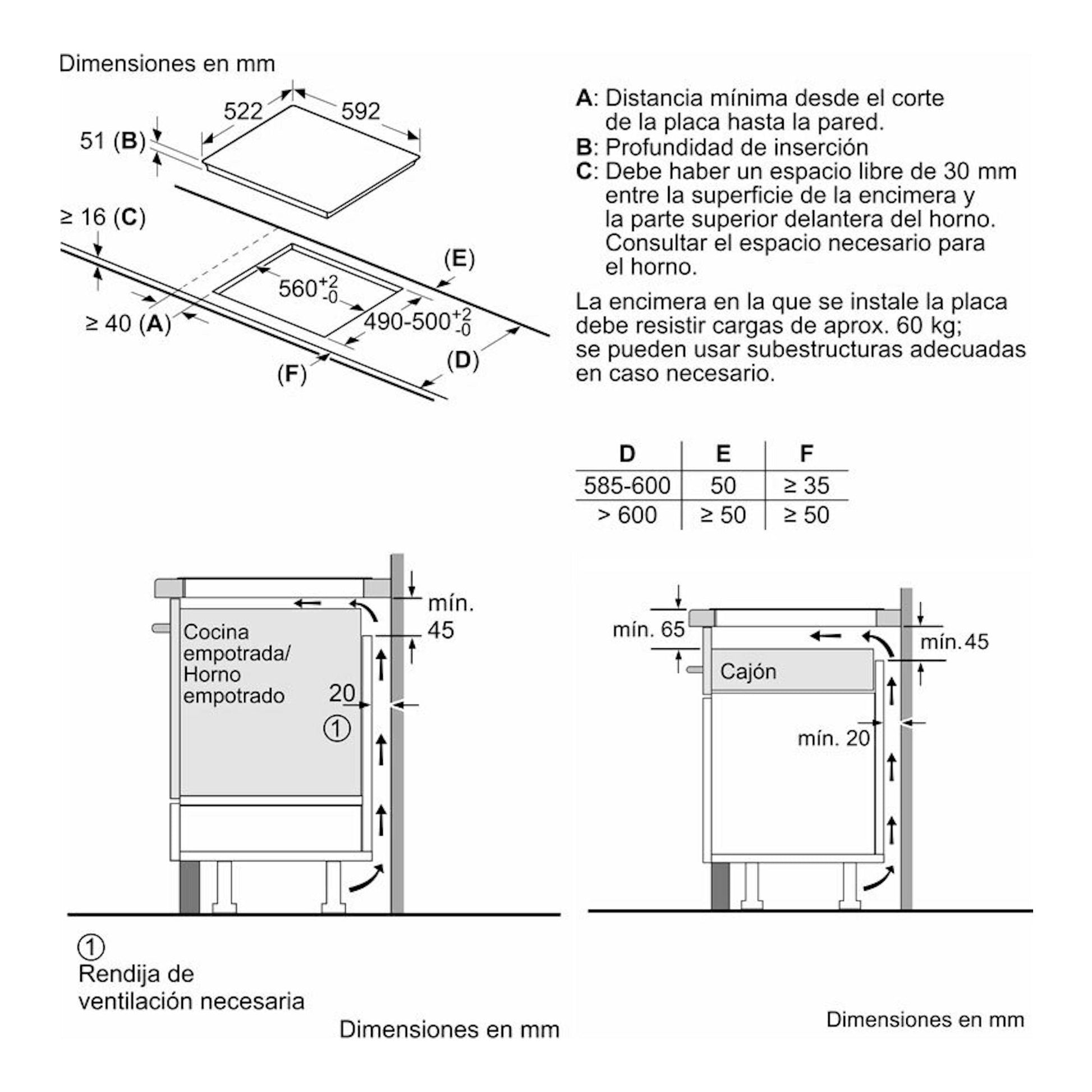 Diagrama técnico en vista superior y lateral de la placa de inducción Bosch PUC611BB5E, con medidas en mm.