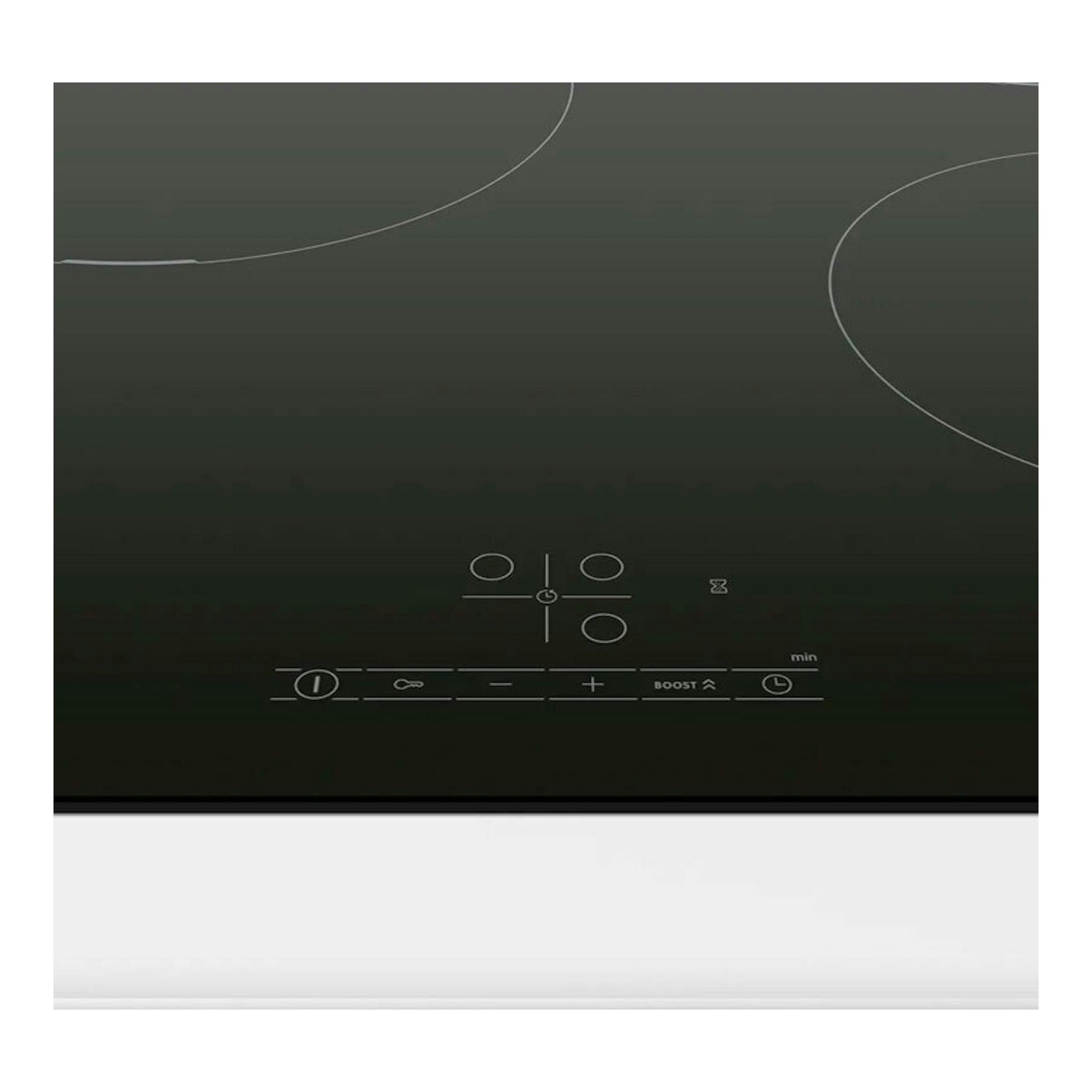 Placa de inducción Bosch PUC611BB5E negra, vista frontal, con controles táctiles y zonas circulares.