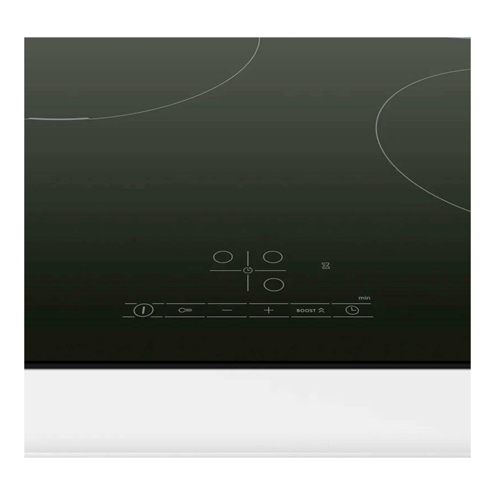 Placa de inducción Bosch PUC611BB5E negra, vista frontal, con controles táctiles y zonas circulares.