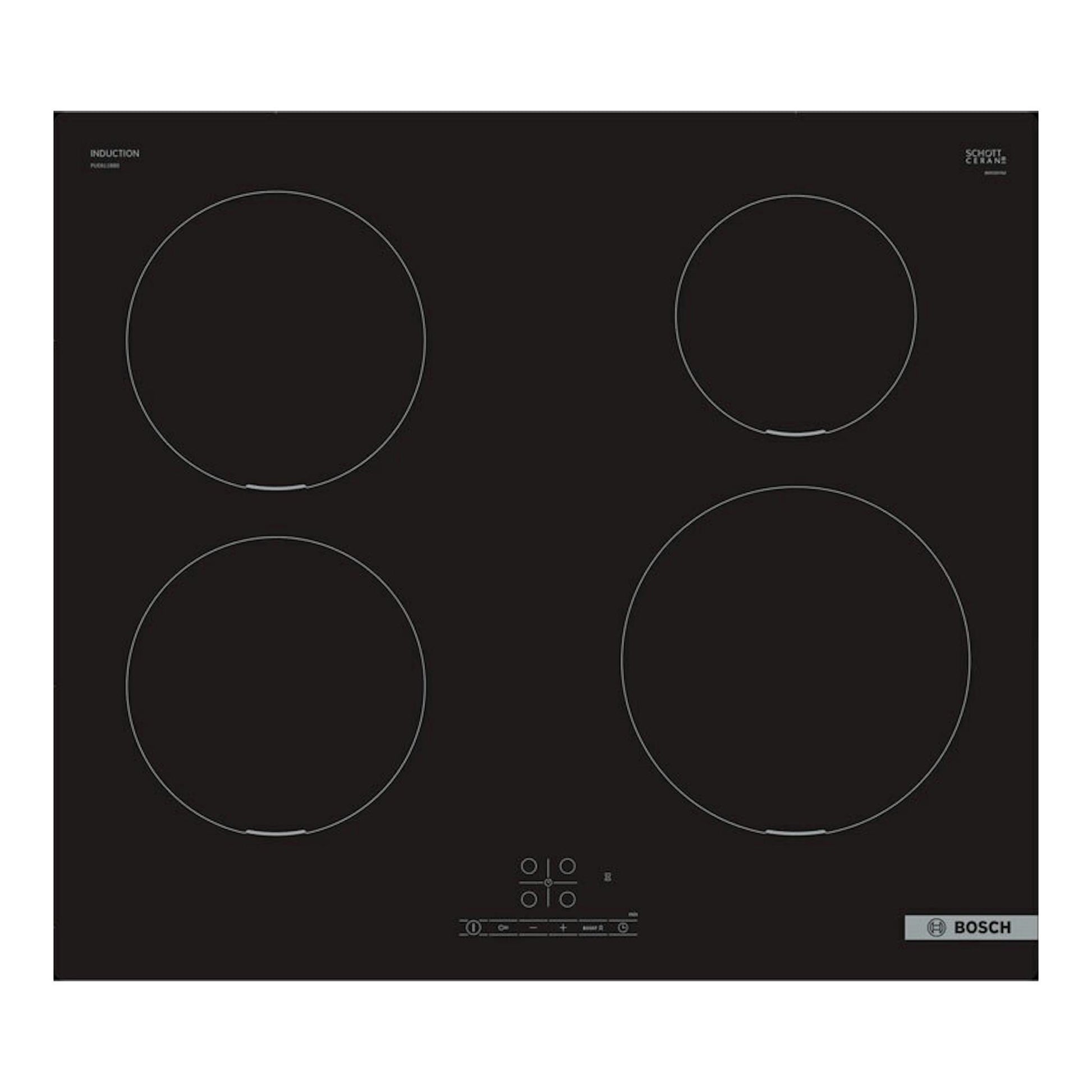 Placa de inducción Bosch PUE611BB5E negra, vista frontal, con cuatro zonas circulares de cocción.