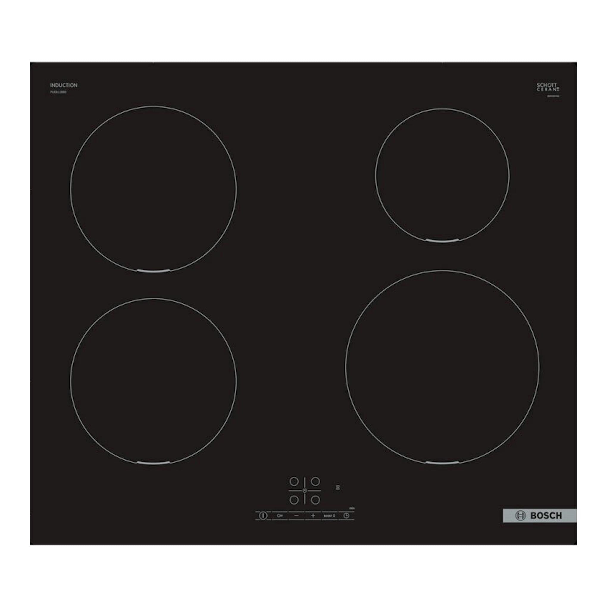 Placa de inducción Bosch PUE611BB5E negra, vista frontal, con cuatro zonas circulares de cocción.