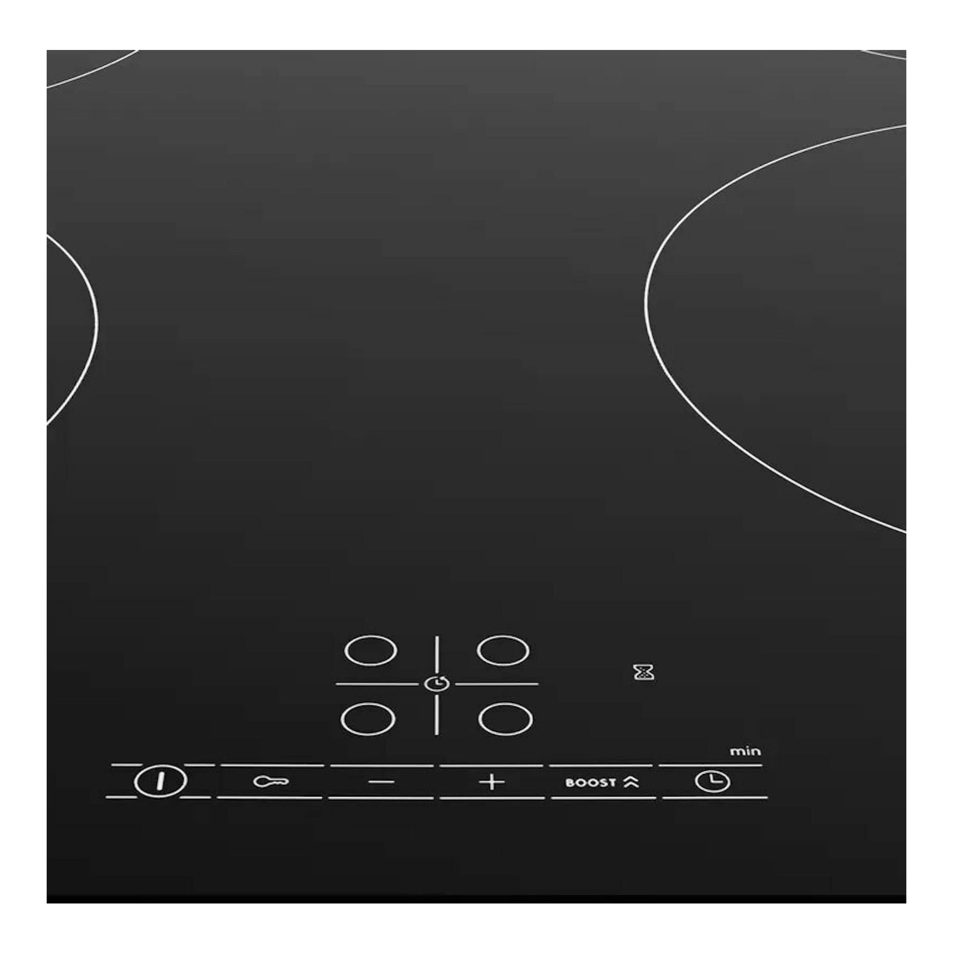Placa de inducción Bosch PUE611BB5E negra, vista frontal, con panel táctil y zonas de cocción marcadas.