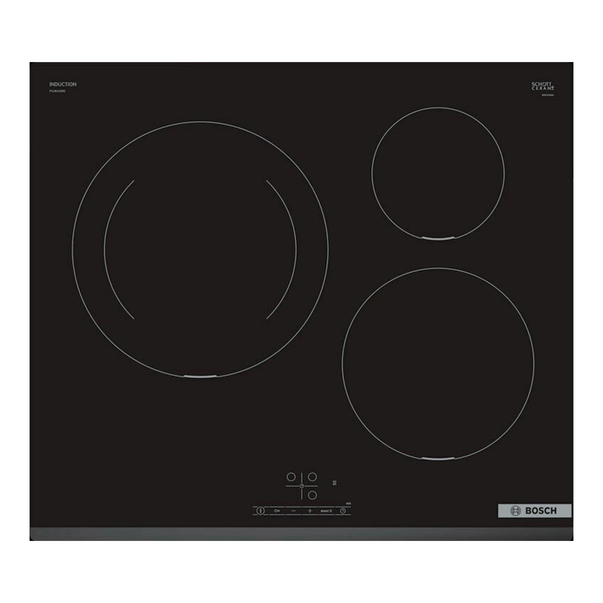 Placa de inducción Bosch PUJ631BB5E negra, vista frontal, con tres zonas de cocción circulares.