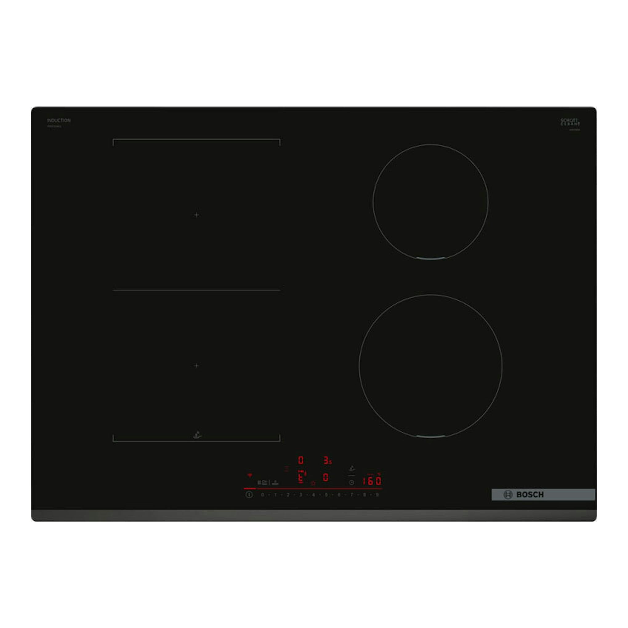 Placa de inducción Bosch PVS731HC1E negra, vista superior, con cuatro zonas de cocción.