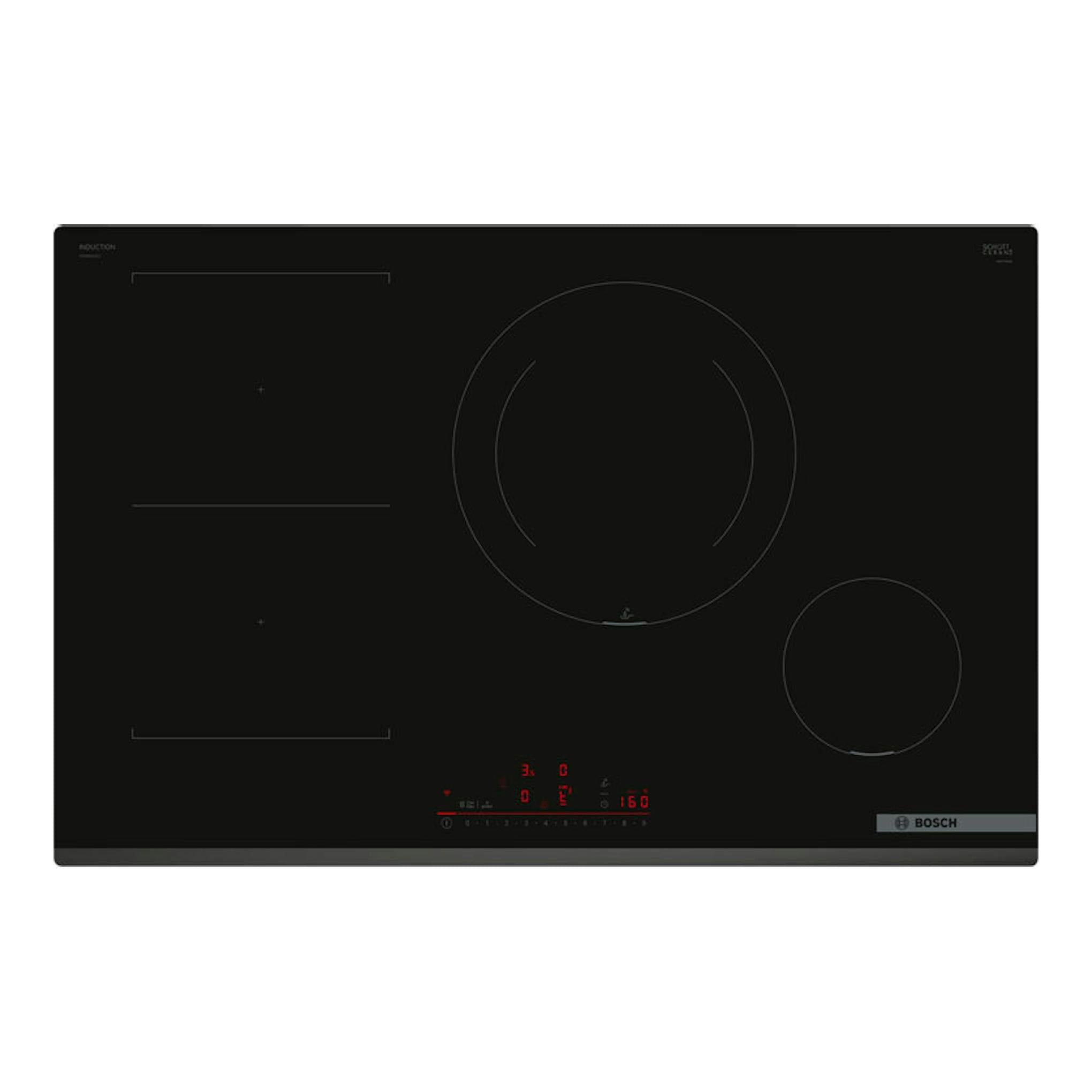 Placa de inducción Bosch PVS831HC1E negra, vista superior, con tres zonas de cocción.