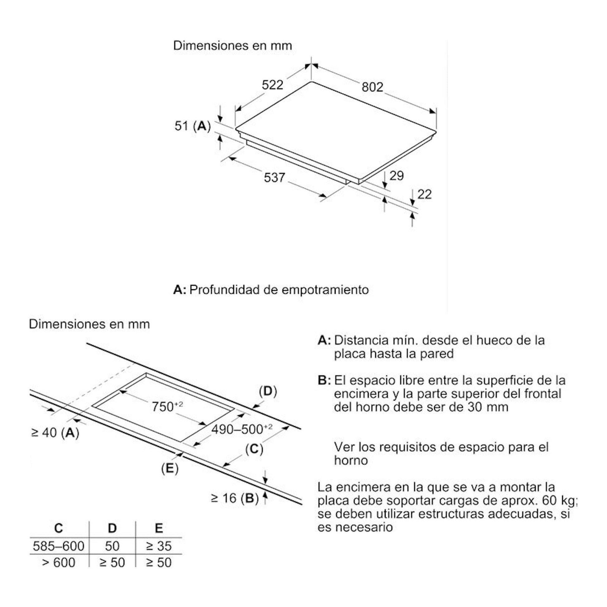 Bosch PVS831HC1E, esquema técnico de placa de inducción con medidas en mm y hueco de instalación.