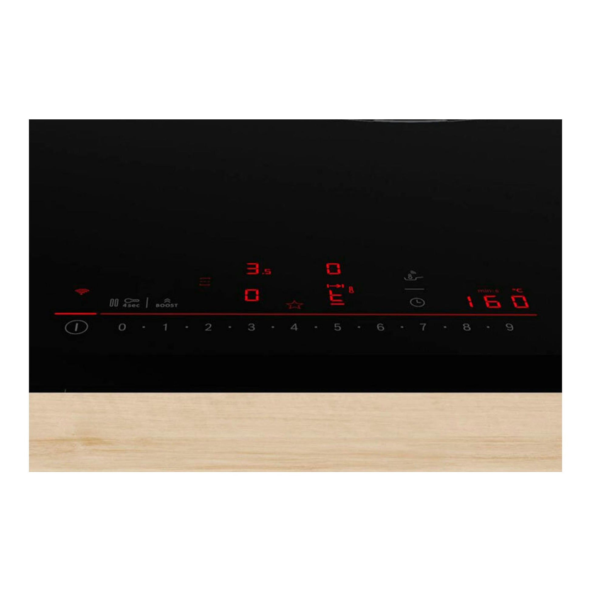 Placa de inducción Bosch PVS831HC1E negra, vista frontal con controles táctiles rojos iluminados.