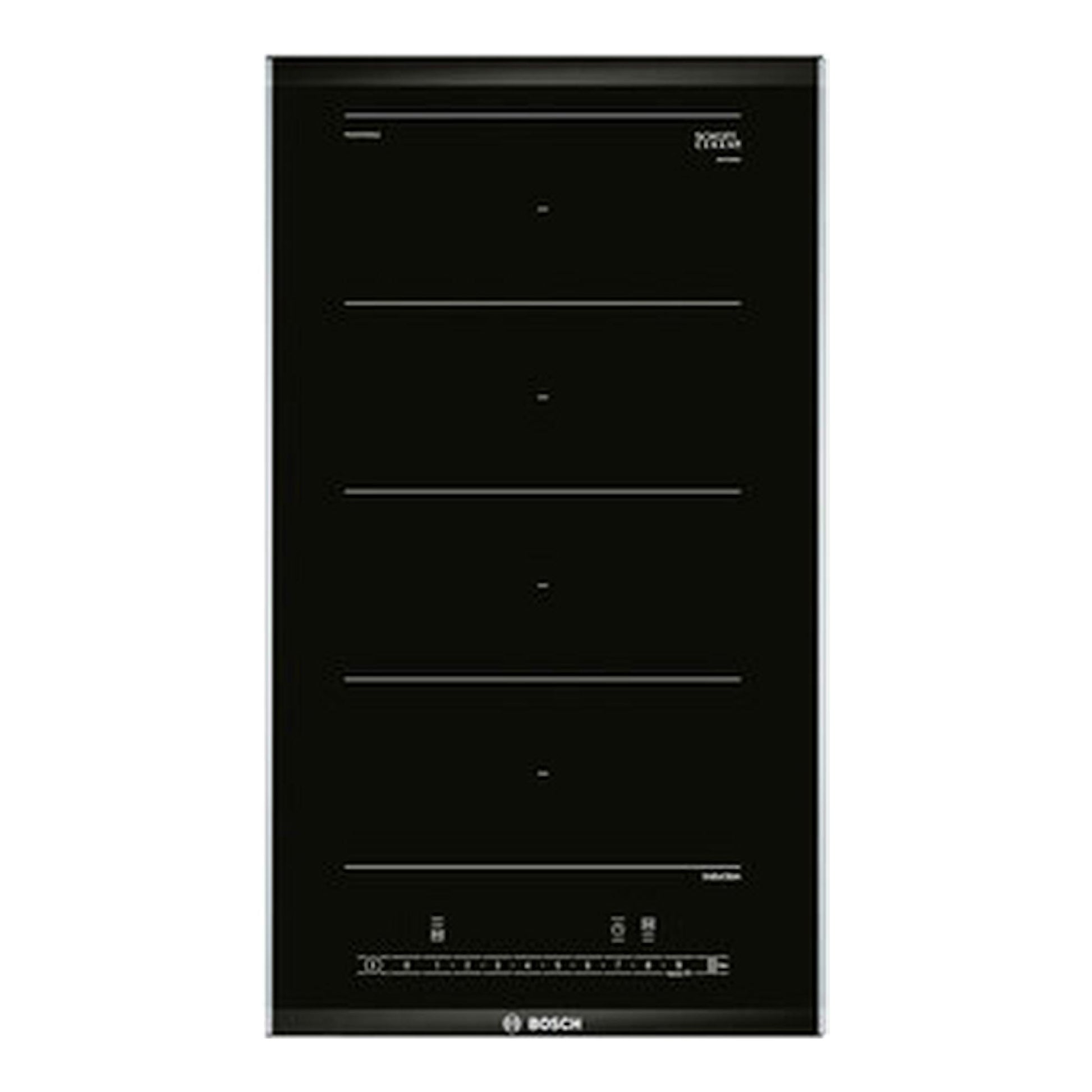 Placa de inducción Bosch PXX375FB1E negra, vista frontal, formato estrecho de 30 cm.