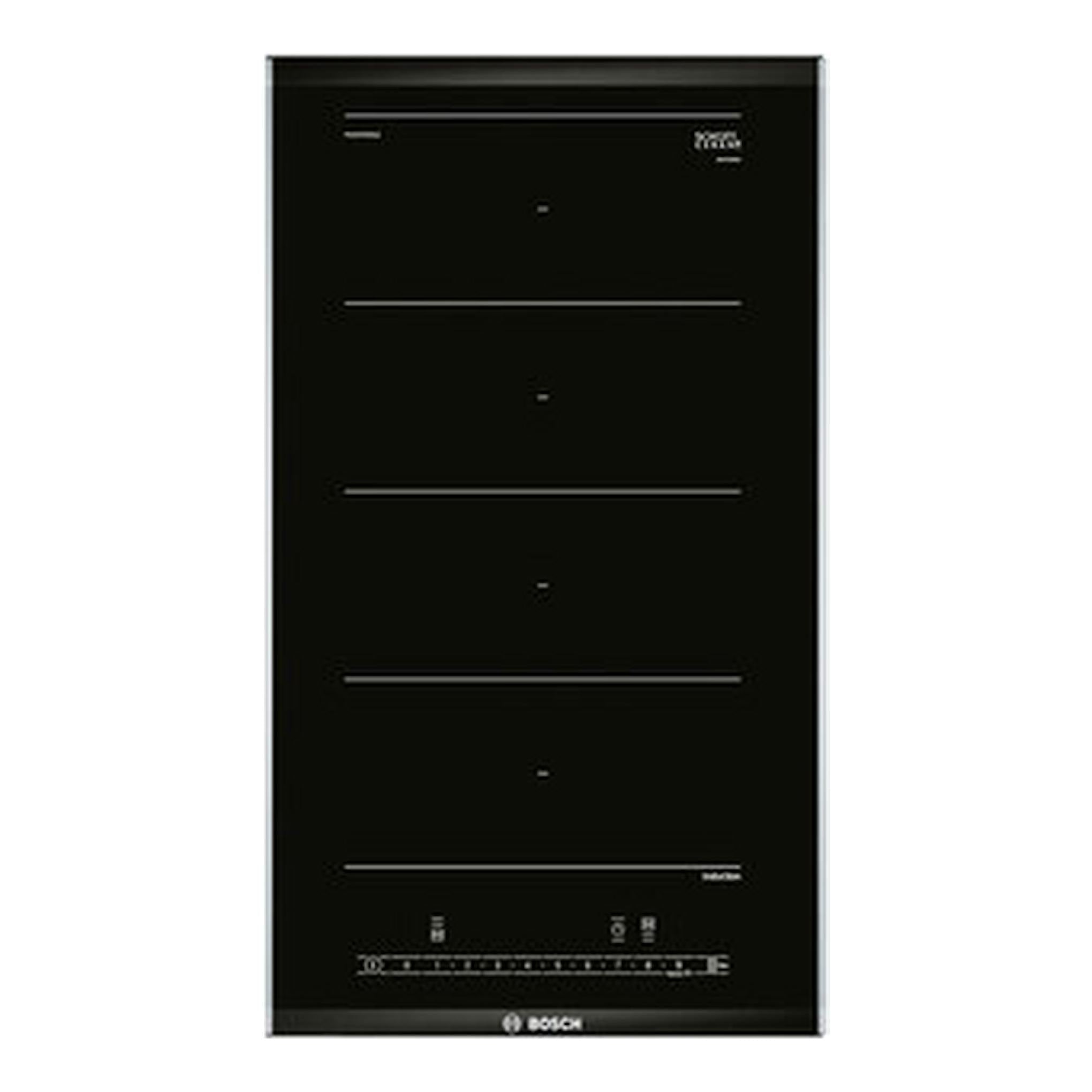 Placa de inducción Bosch PXX375FB1E negra, vista frontal, formato estrecho de 30 cm.