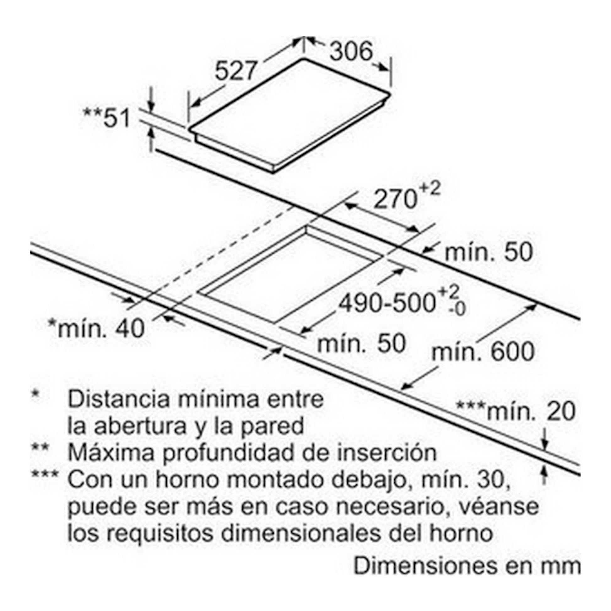 Bosch PXX375FB1E: esquema técnico de instalación de placa de inducción 30 cm, con medidas en mm.