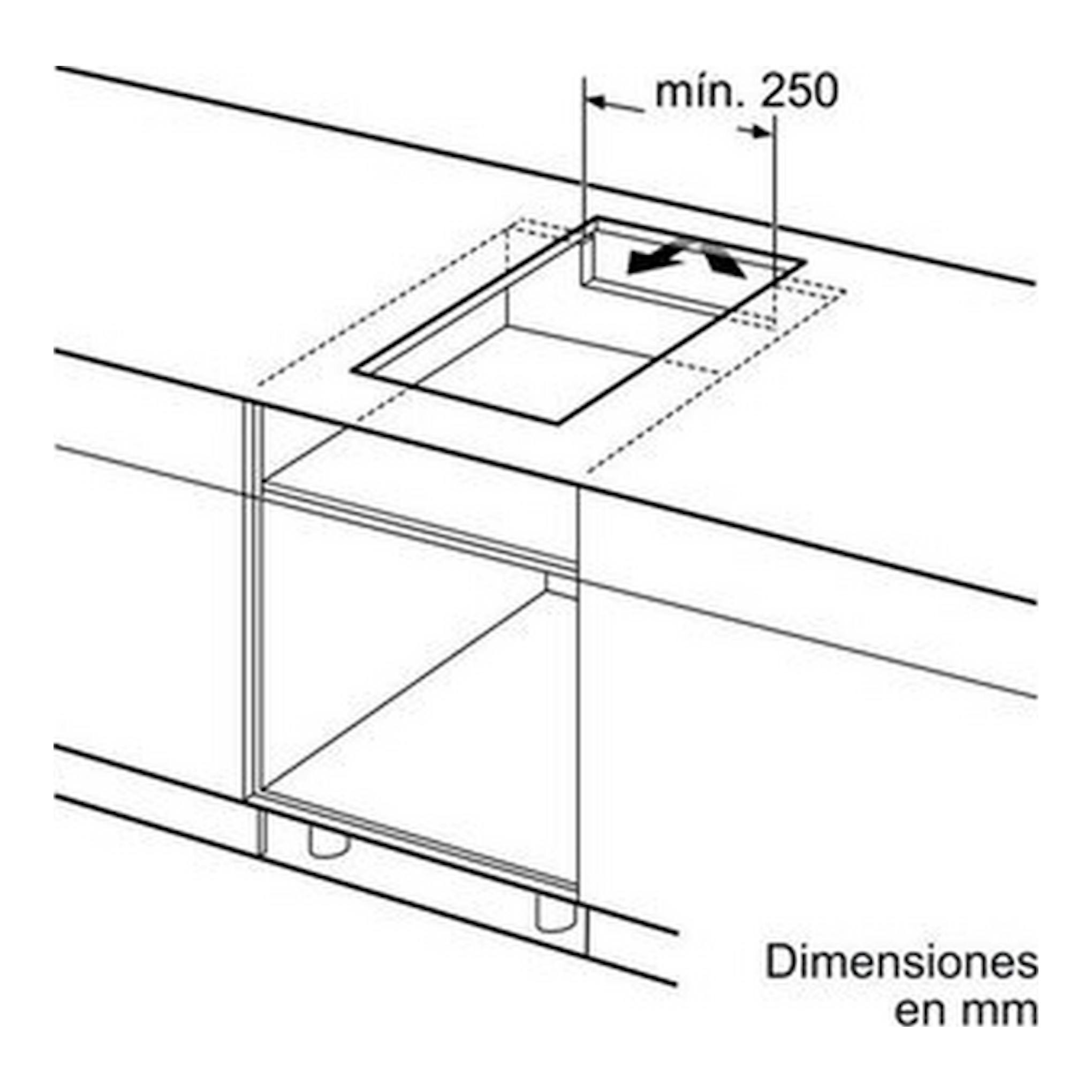 Diagrama técnico de instalación de placa de inducción Bosch PXX375FB1E, vista en sección, con cota mín. 250 mm.