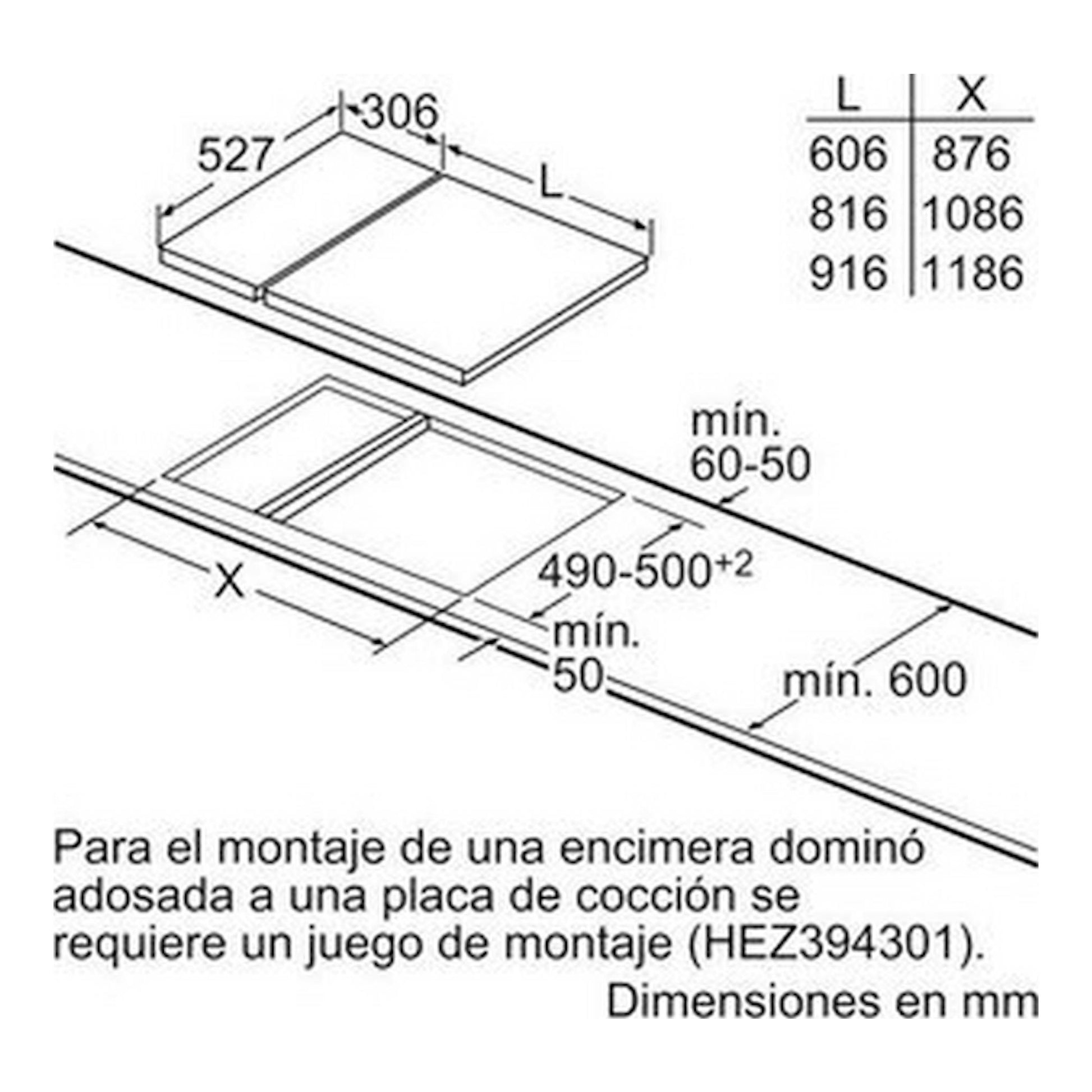 Bosch PXX375FB1E: diagrama técnico en blanco y negro con medidas de instalación de una placa de inducción.