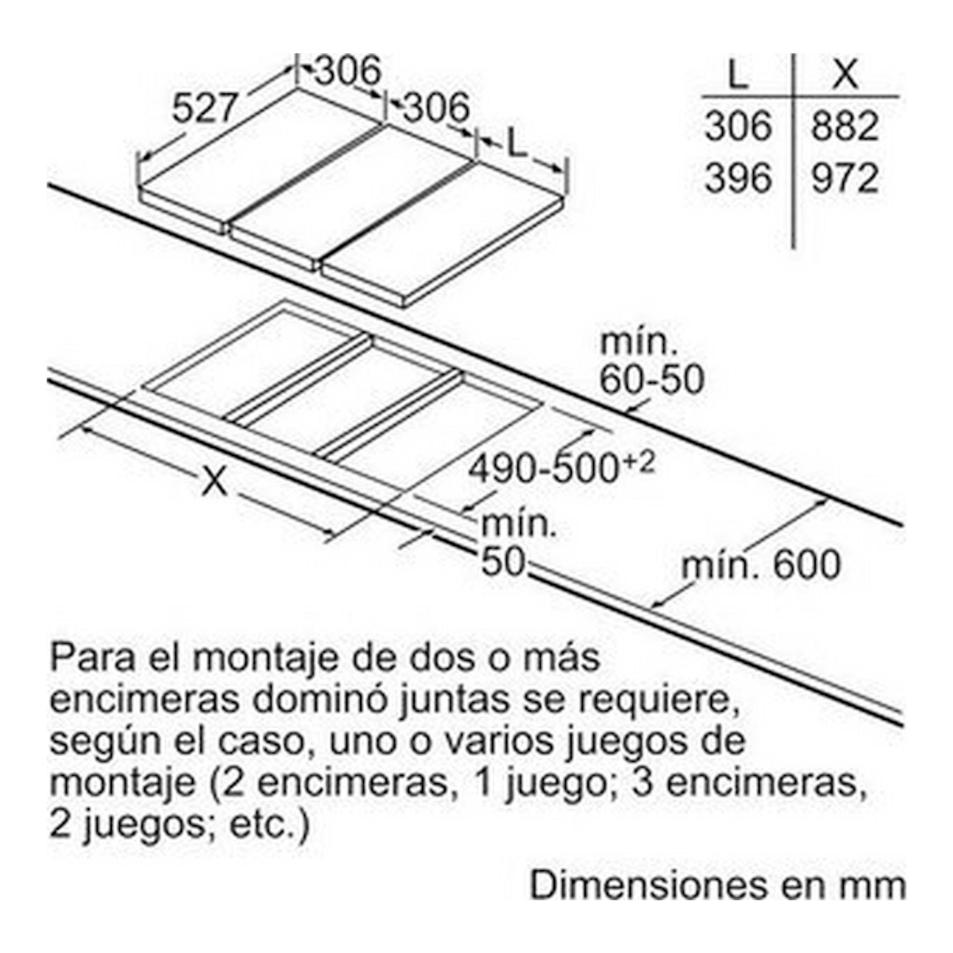 Diagrama isométrico de montaje de placa inducción Bosch PXX375FB1E con medidas en mm.