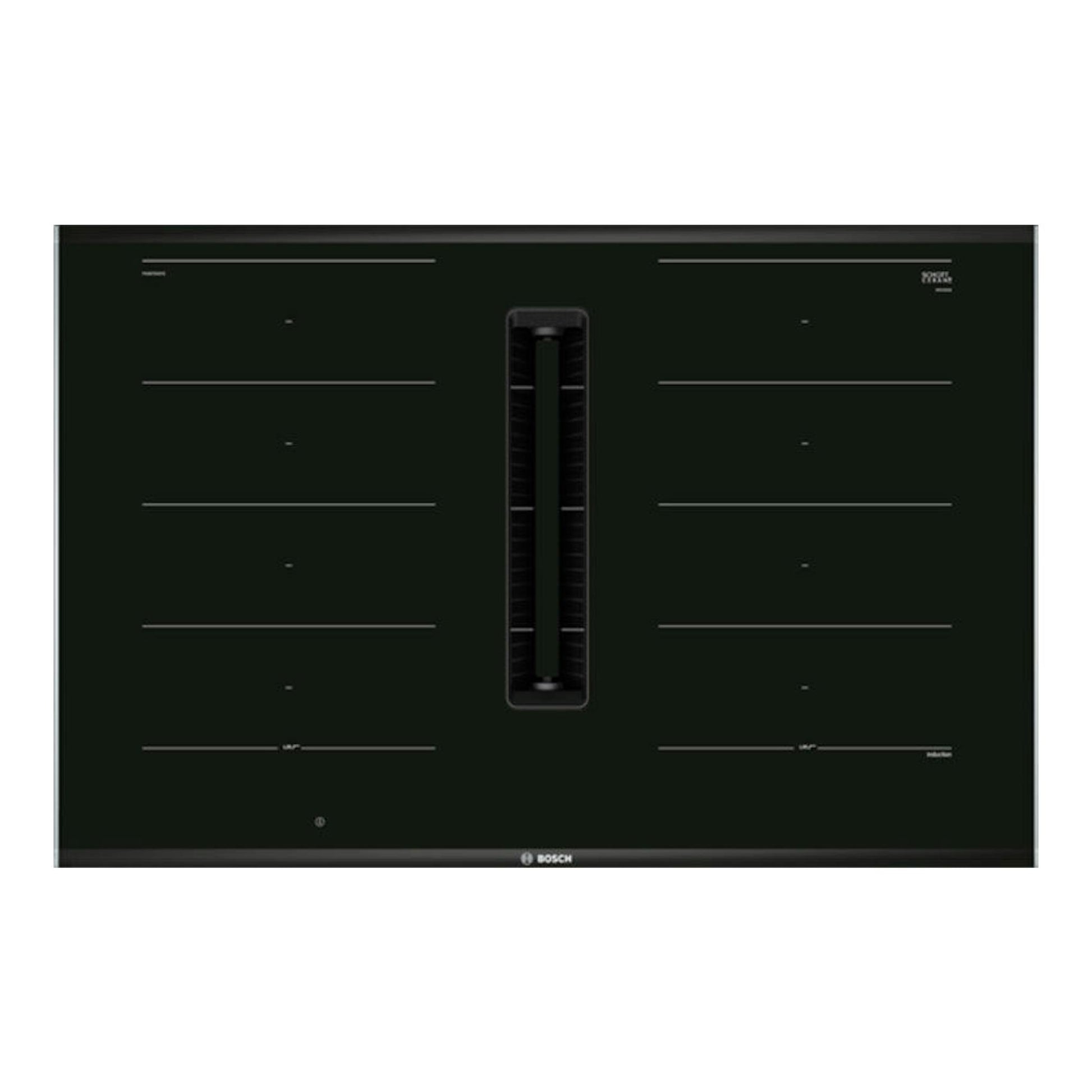 Placa de inducción Bosch PXX875D67E negra, vista cenital, con extractor central integrado.