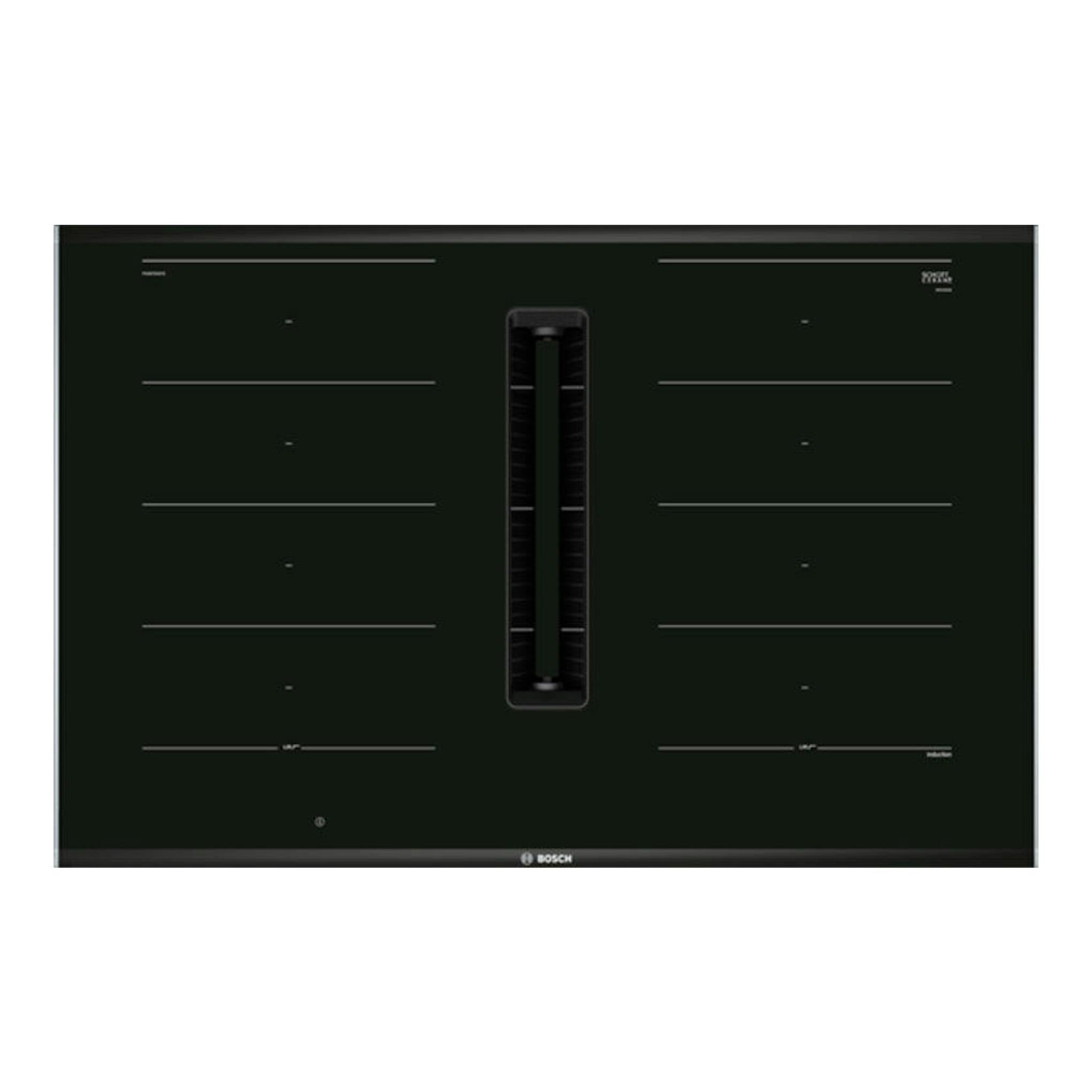 Placa de inducción Bosch PXX875D67E negra, vista cenital, con extractor central integrado.