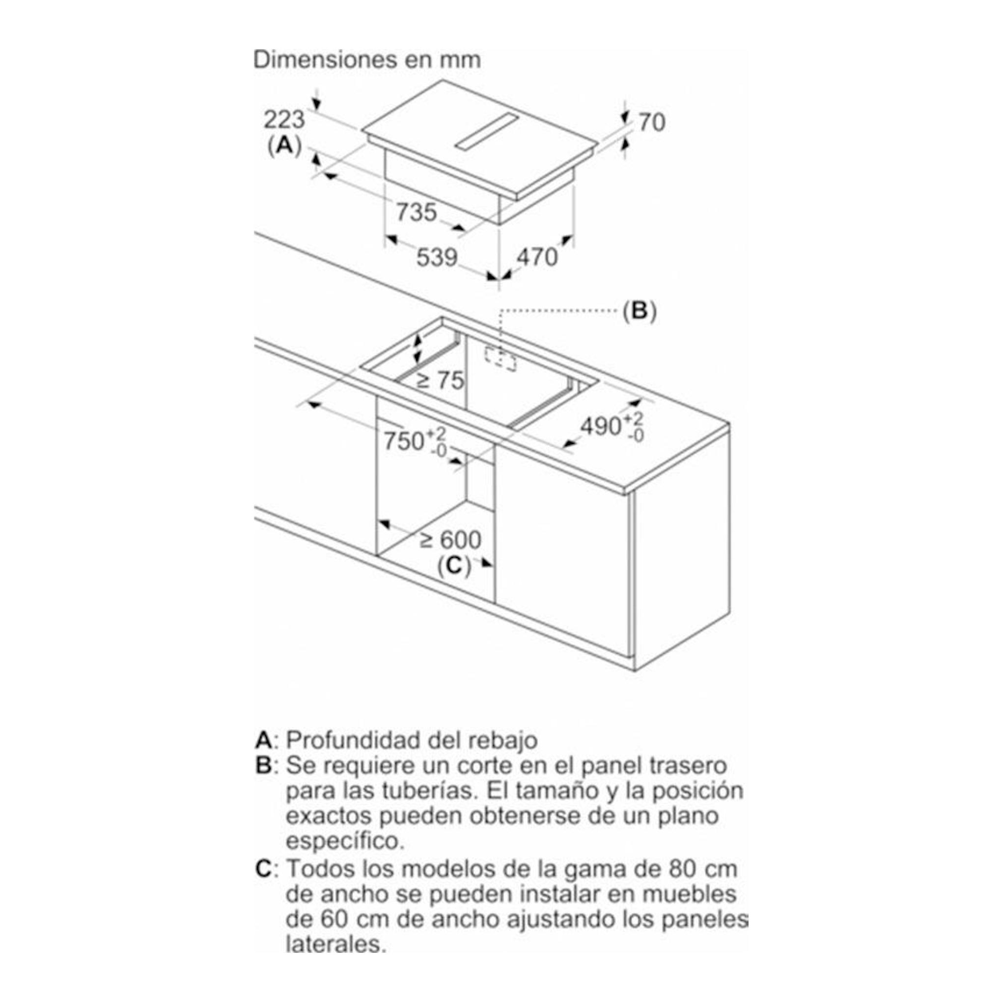 Bosch PXX875D67E: diagrama técnico de instalación de placa de inducción, vista isométrica con medidas en mm.