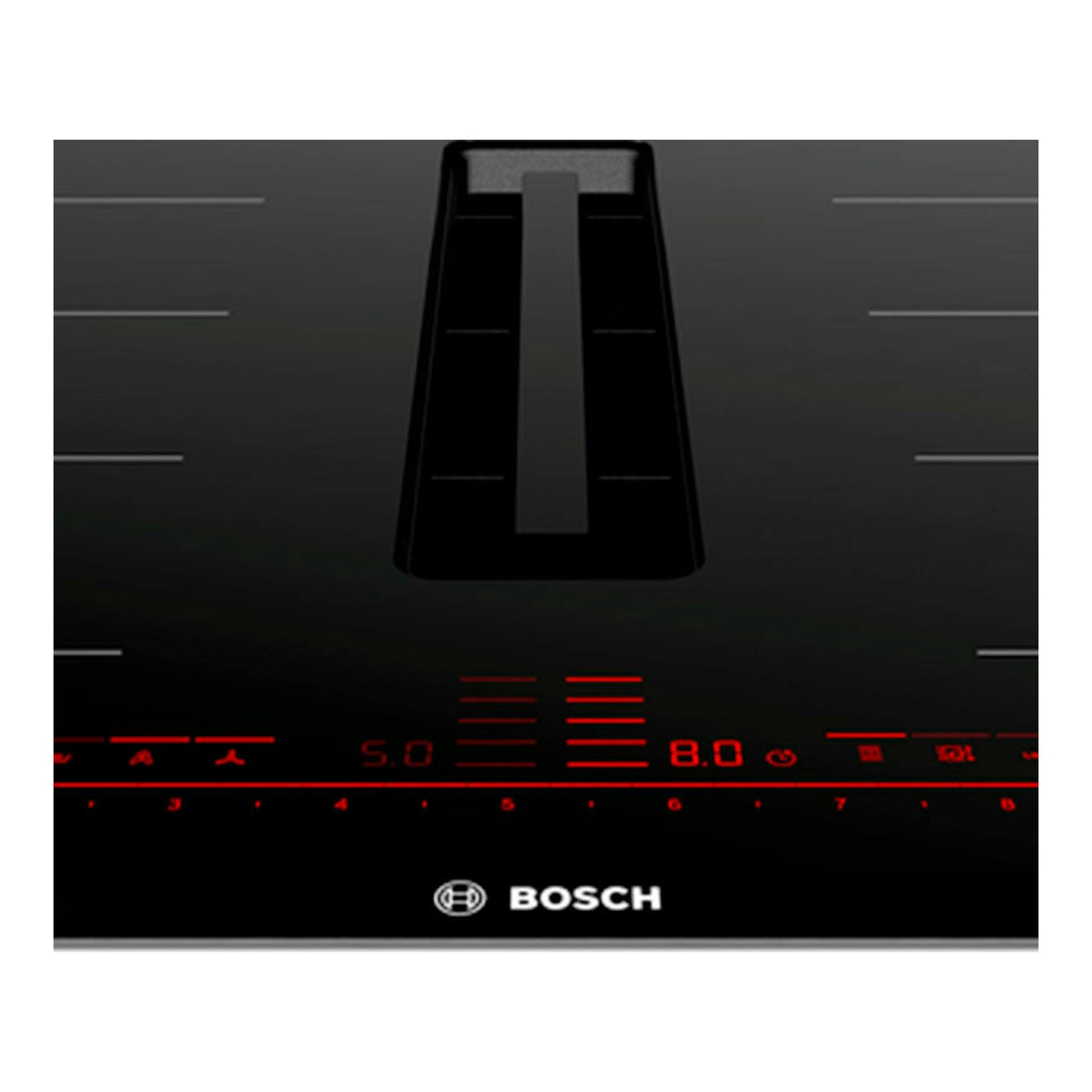 Placa de inducción Bosch PXX875D67E negra, vista frontal con controles táctiles rojos.
