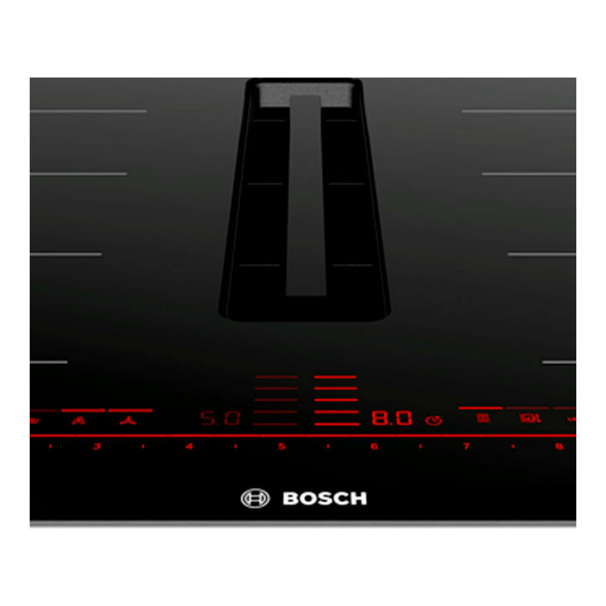 Placa de inducción Bosch PXX875D67E negra, vista frontal con controles táctiles rojos.