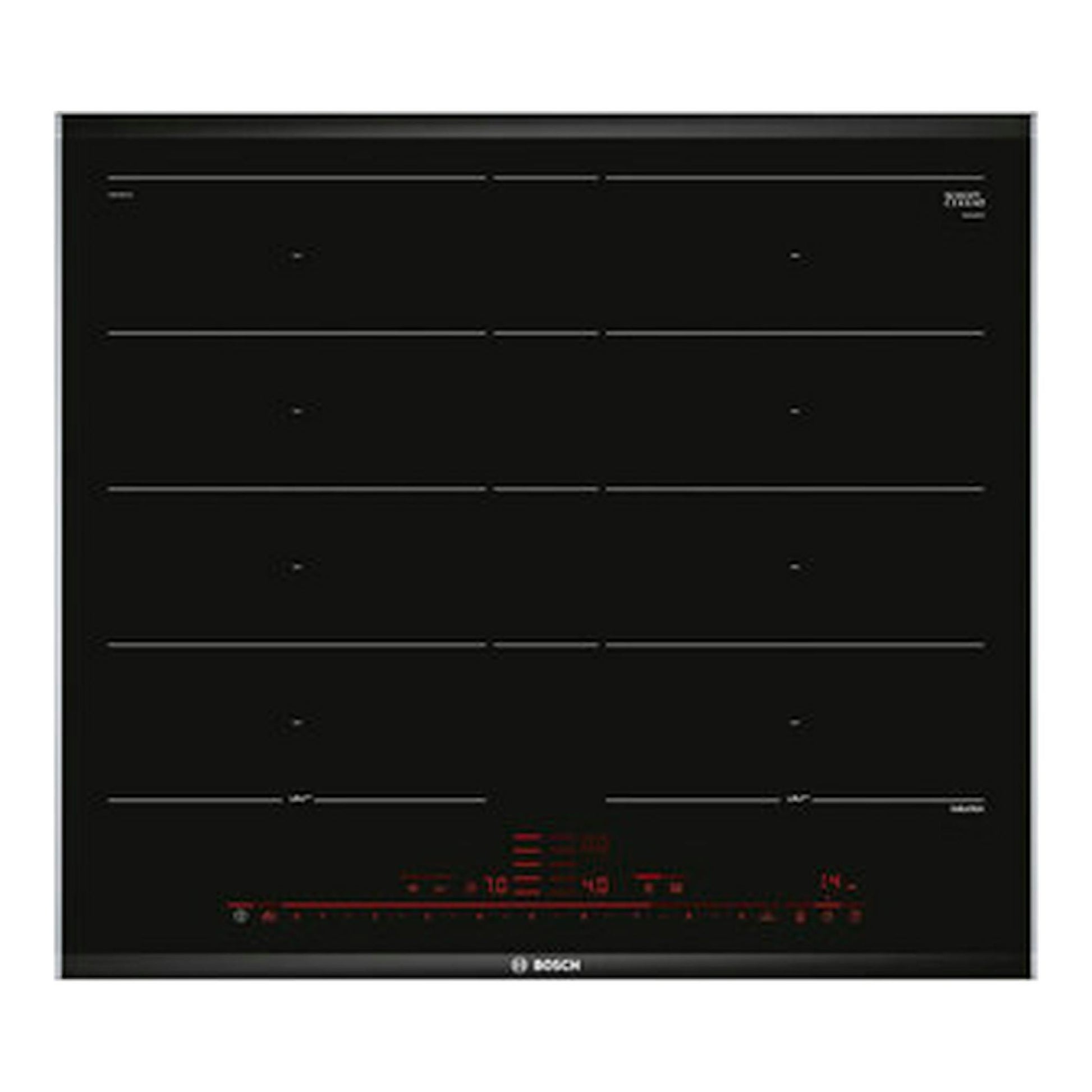 Placa de inducción Bosch PXY675DC1E negra, vista frontal, con mandos táctiles rojos.