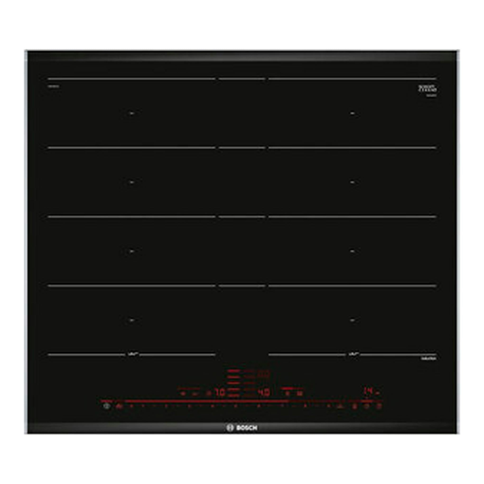 Placa de inducción Bosch PXY675DC1E negra, vista frontal, con mandos táctiles rojos.