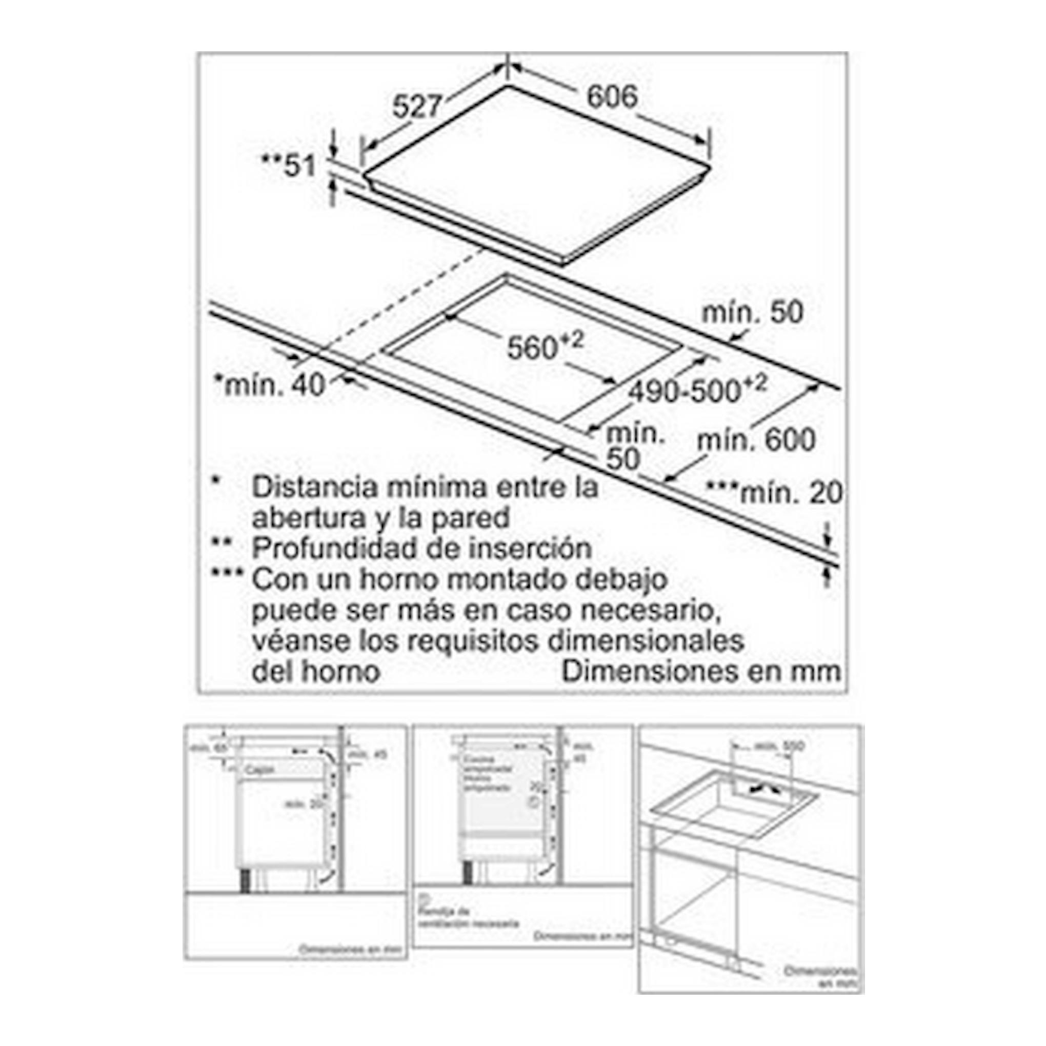 Bosch PXY675DC1E: esquema técnico de instalación de placa de inducción con medidas y hueco de empotrar.
