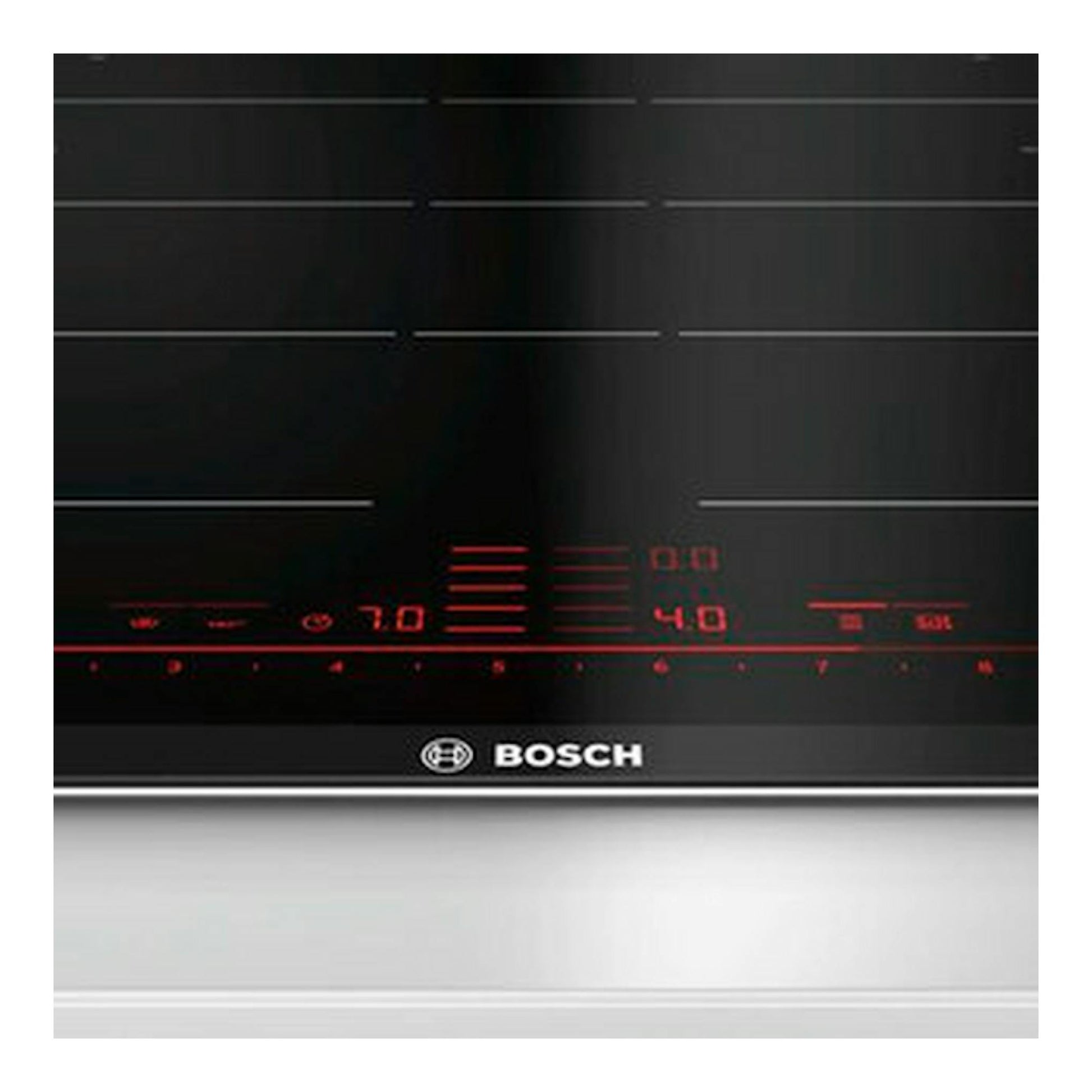Placa de inducción Bosch PXY675DC1E negra, vista frontal, con controles táctiles rojos.