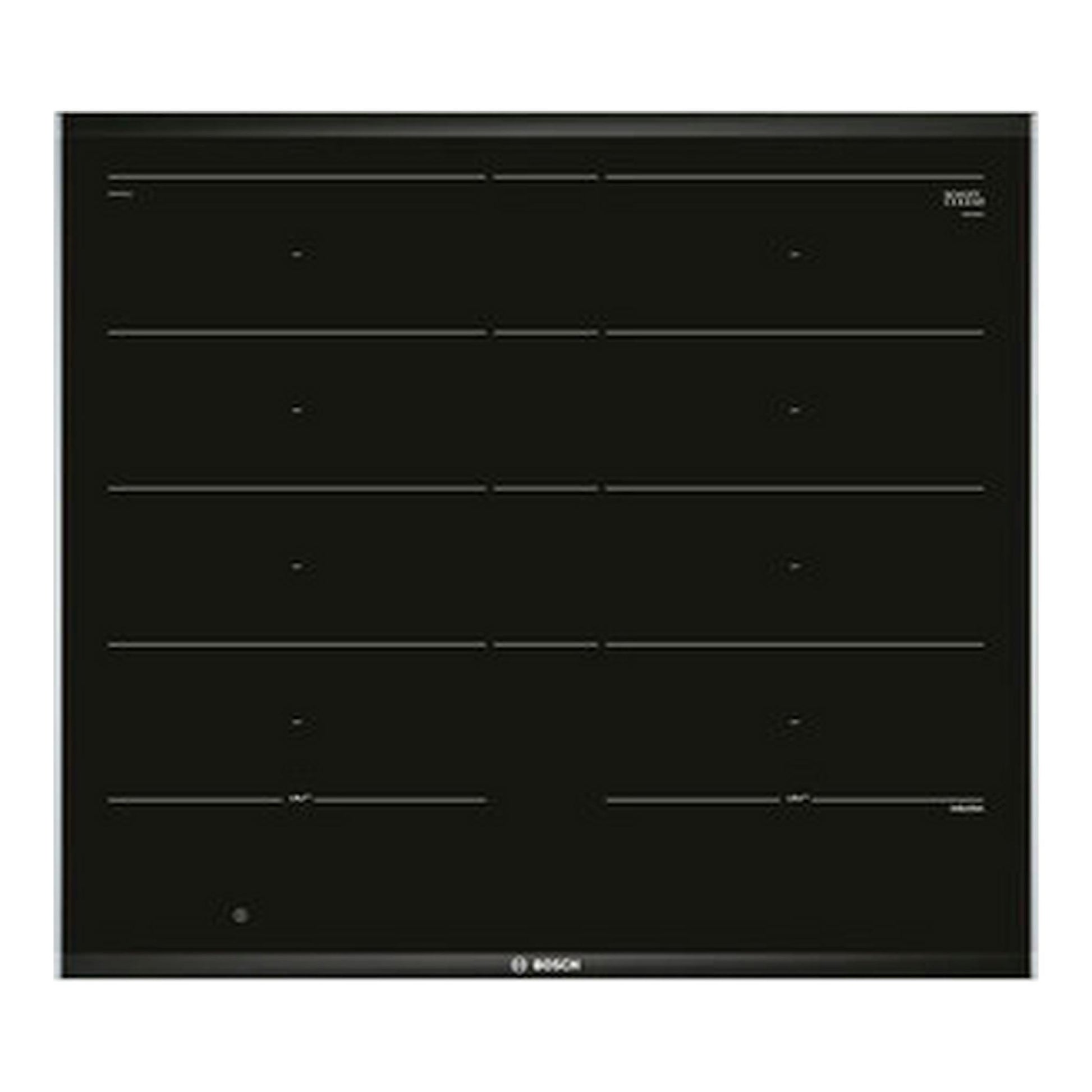 Placa de inducción Bosch PXY675DC1E negra, vista frontal superior, con 4 zonas de cocción.