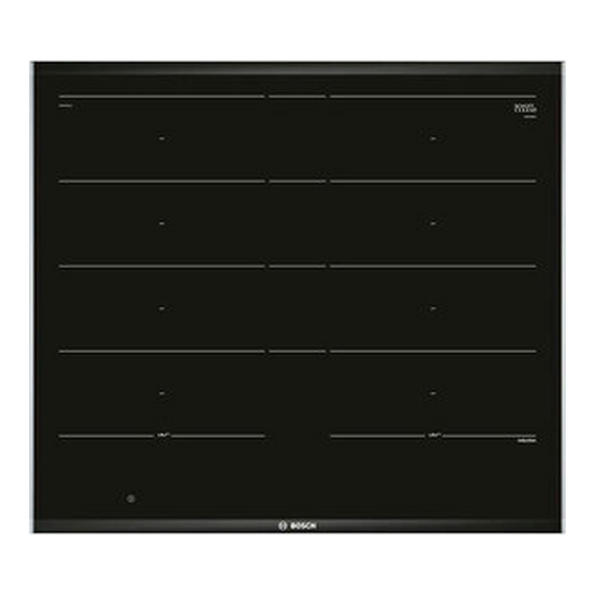 Placa de inducción Bosch PXY675DC1E negra, vista frontal superior, con 4 zonas de cocción.