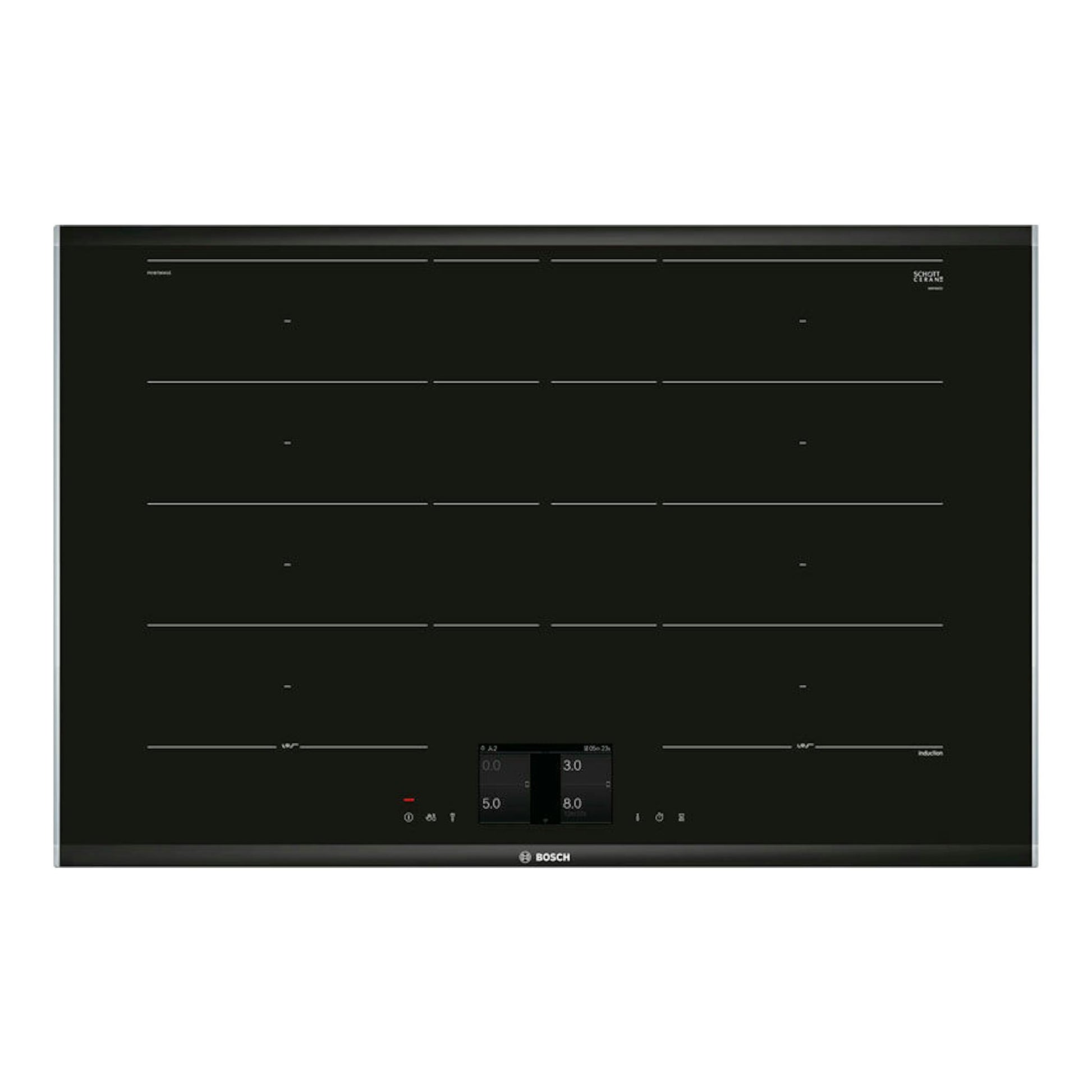 Placa de inducción Bosch PXY875KW1E negra, vista superior, con panel táctil central.