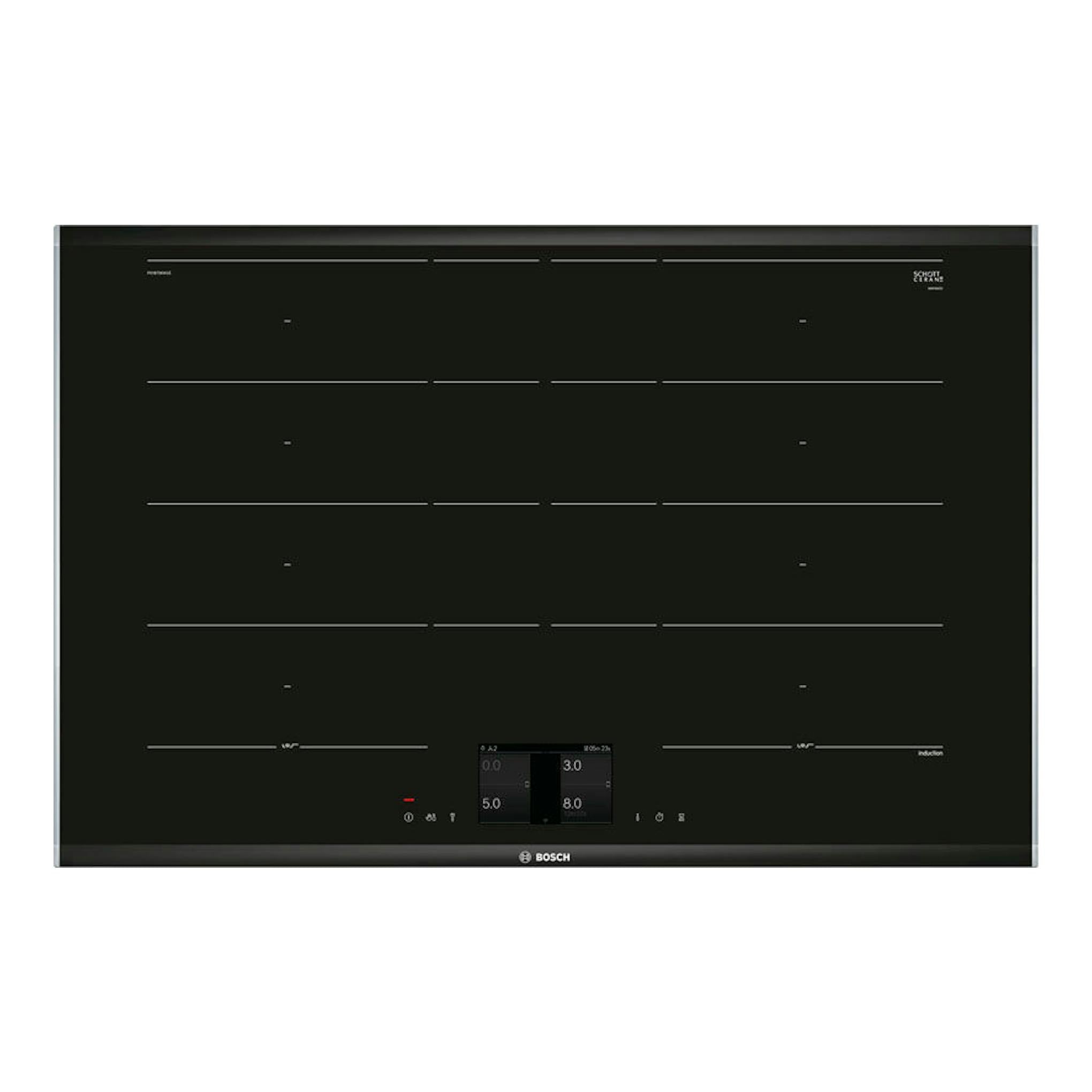 Placa de inducción Bosch PXY875KW1E negra, vista superior, con panel táctil central.