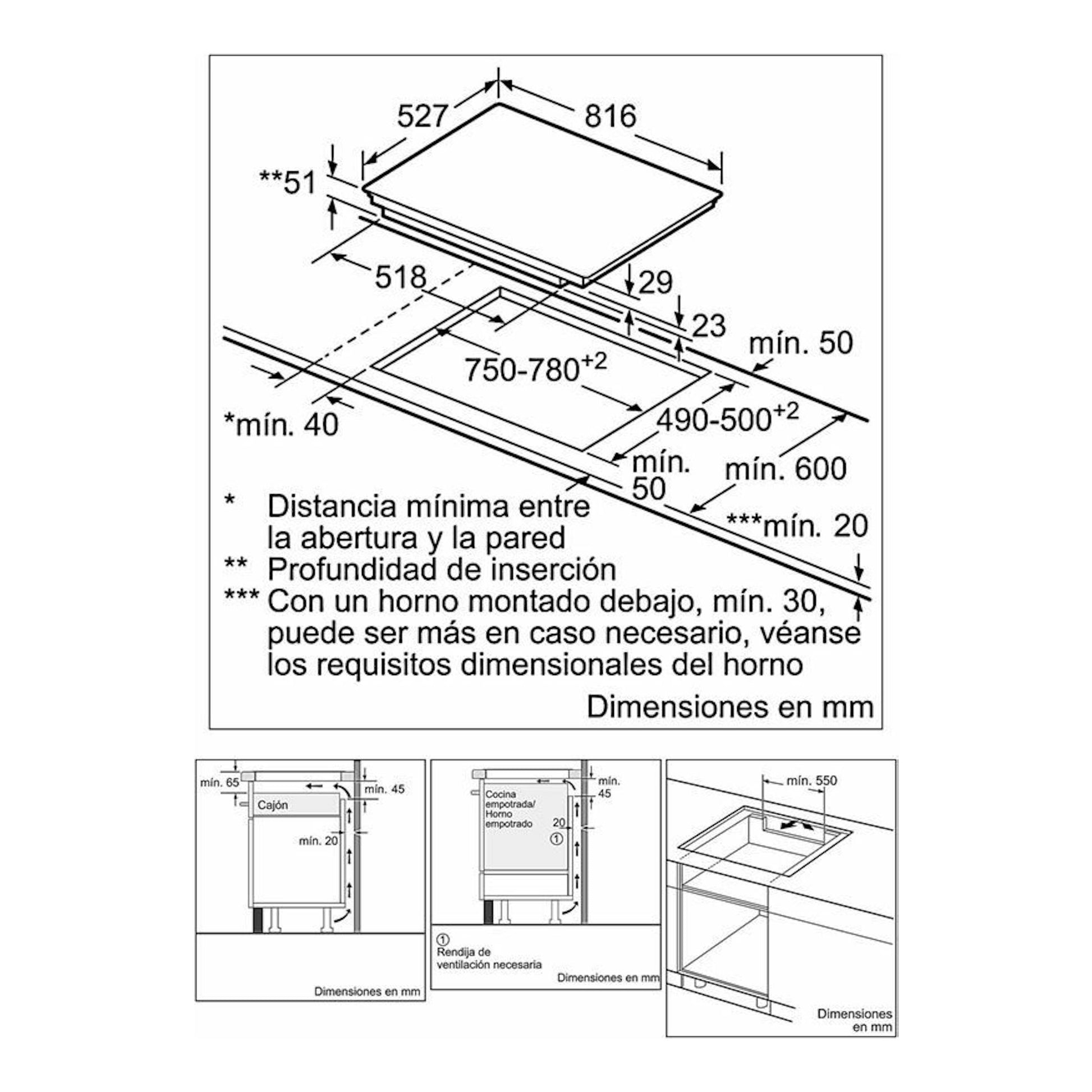 Bosch PXY875KW1E: esquema técnico de instalación de placa de inducción con medidas en mm.