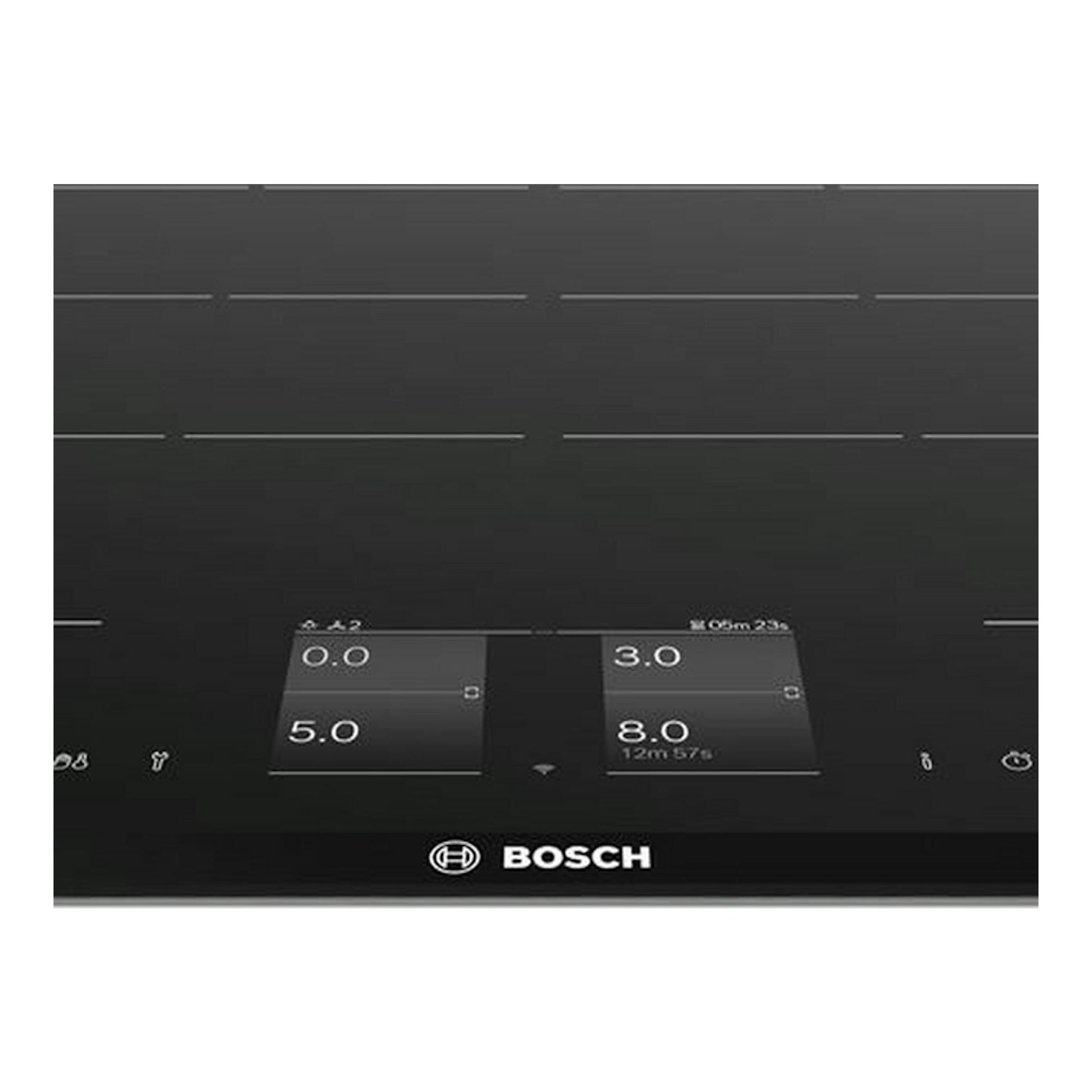 Placa de inducción Bosch PXY875KW1E negra, vista frontal, con panel táctil y zonas de cocción.