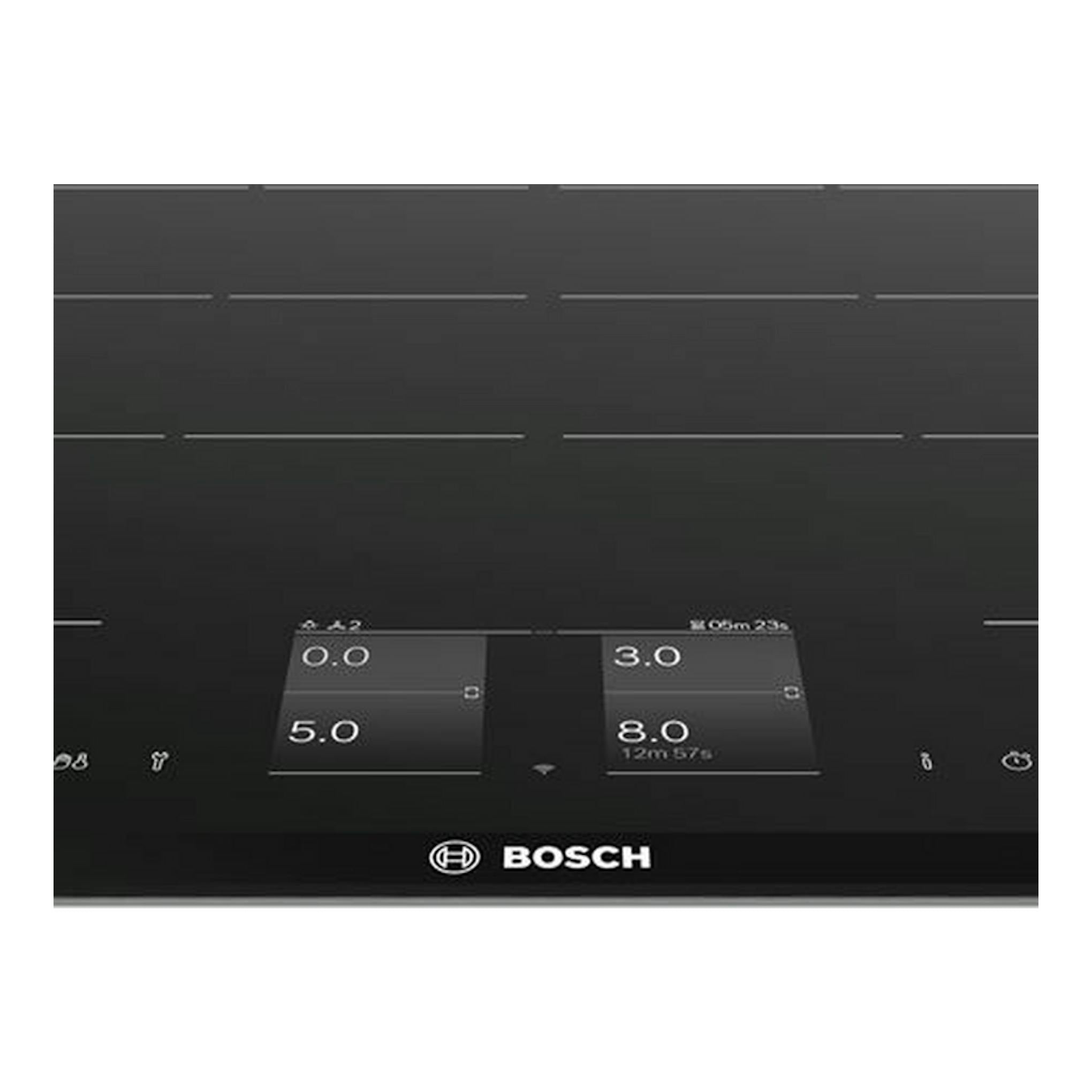 Placa de inducción Bosch PXY875KW1E negra, vista frontal, con panel táctil y zonas de cocción.