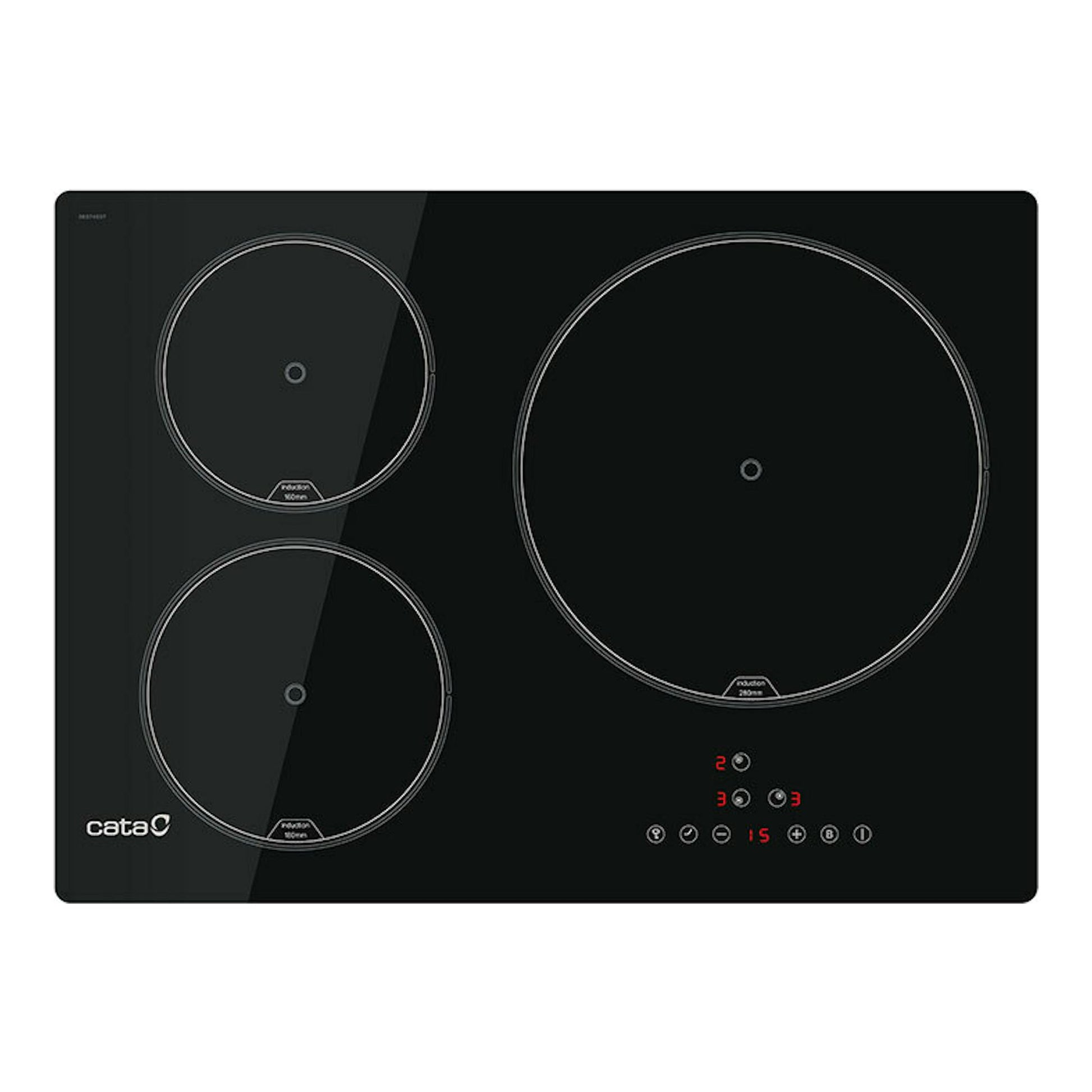 Placa de inducción Cata IB5003BK negra, vista superior, con tres zonas de cocción y panel táctil.