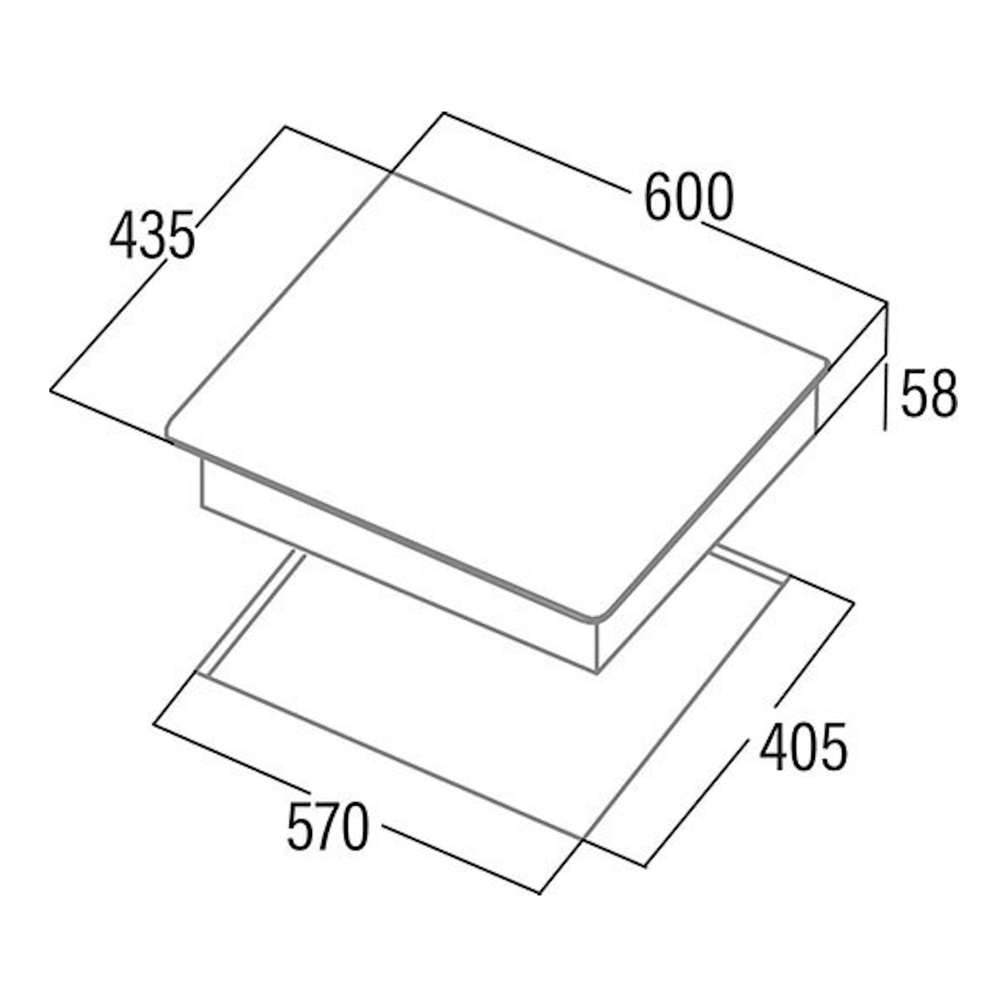 Cata IB5003BK, placa de inducción negra, vista técnica en perspectiva con medidas 600x435x58 mm.